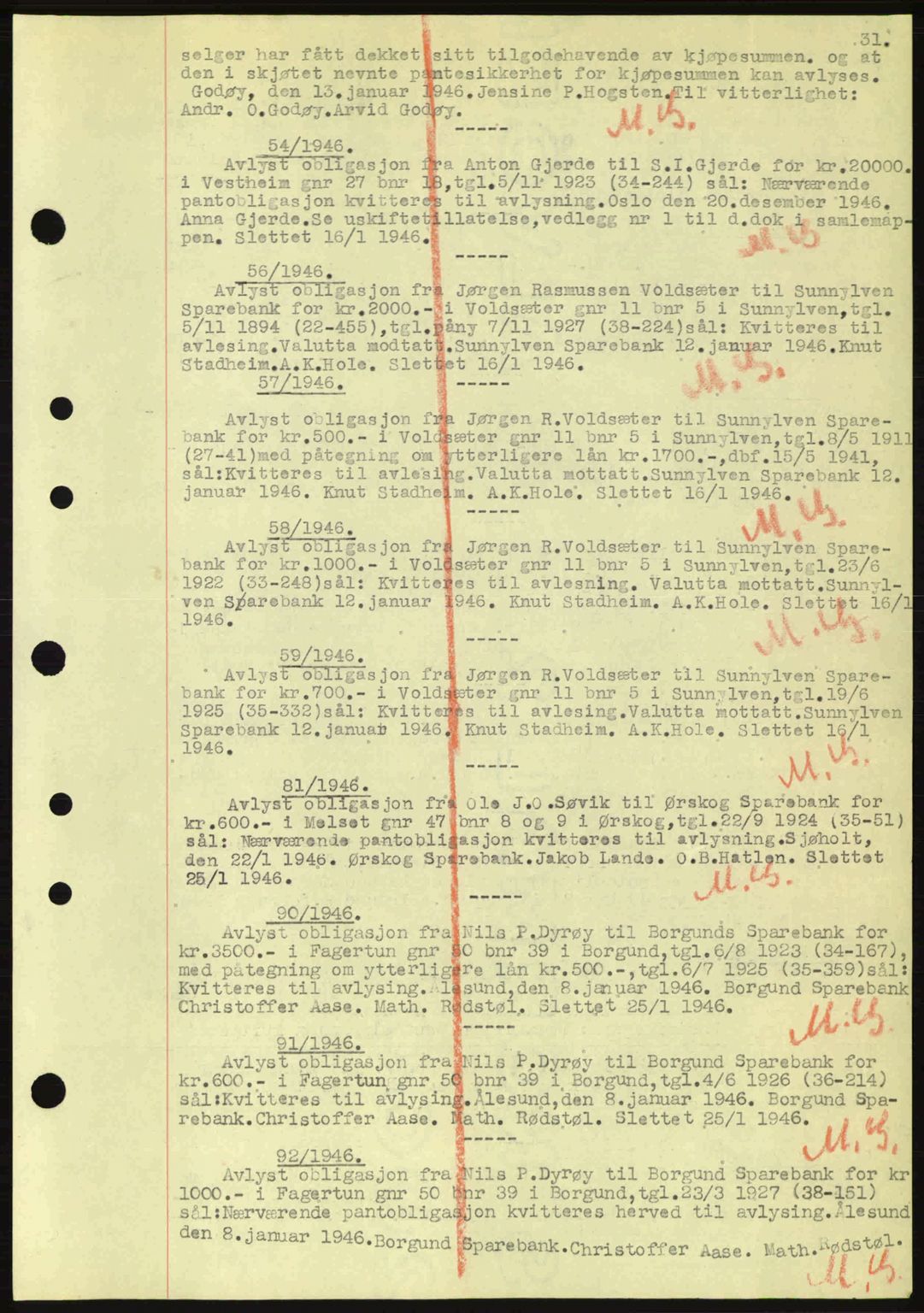 Nordre Sunnmøre sorenskriveri, SAT/A-0006/1/2/2C/2Ca: Mortgage book no. B6-14 a, 1942-1945, Diary no: : 54/1946