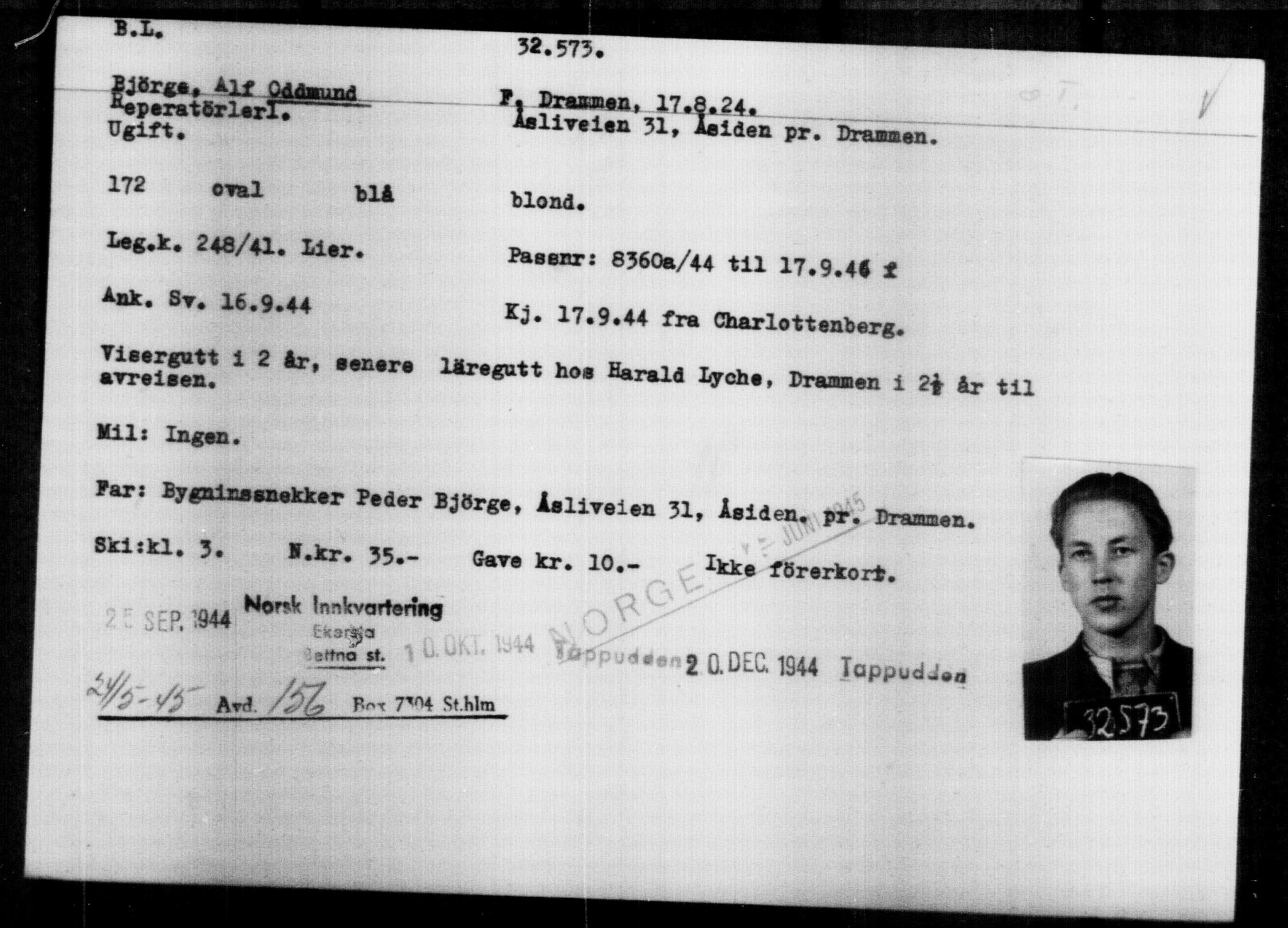 Utenriksstasjonene, Legasjonen i Stockholm, Flyktningkontoret, AV/RA-S-6753/V/Va/L0013: Kjesäterkartoteket, flyktninger med registreringsnr. 31500-34731, 1940-1945, p. 1132