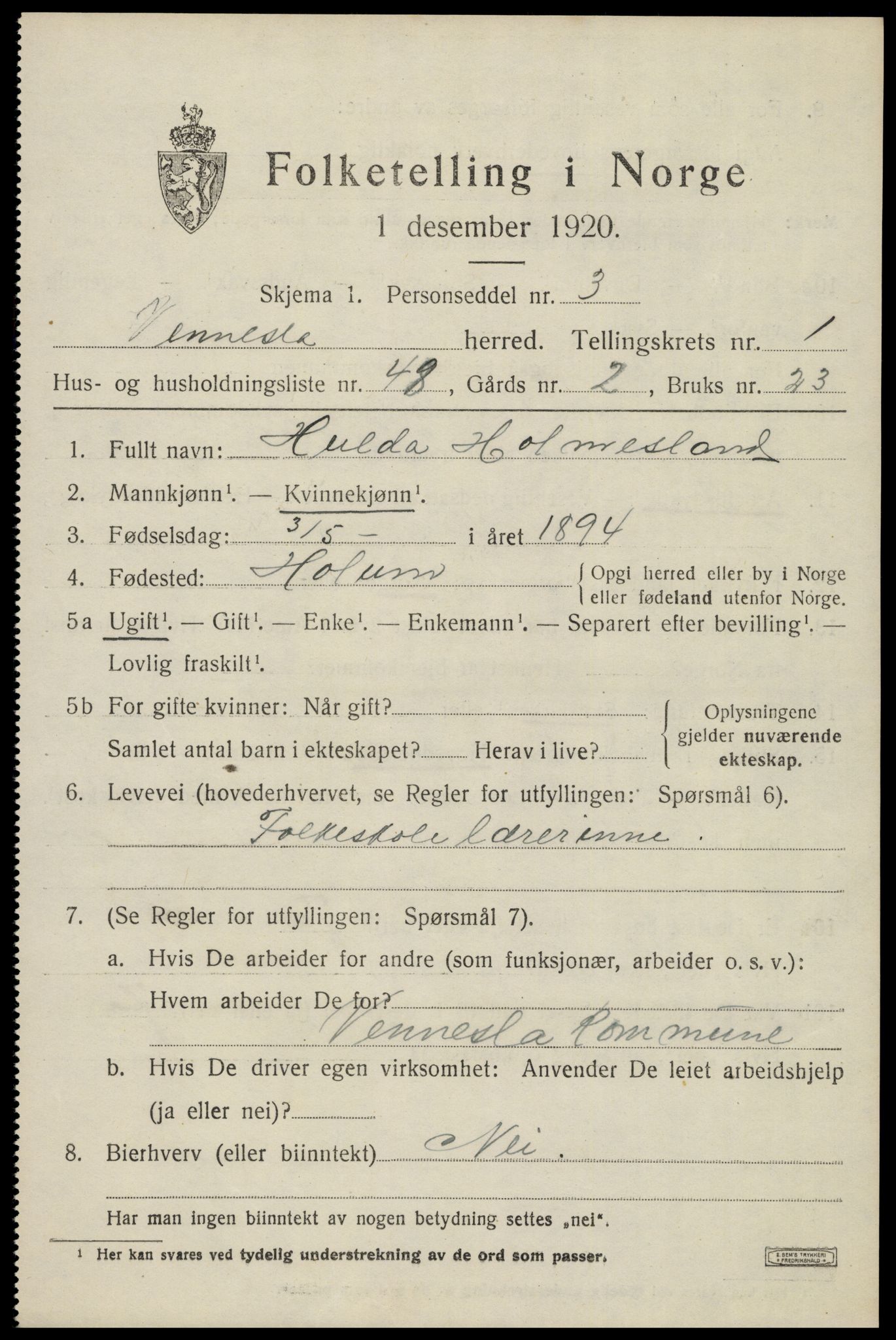 SAK, 1920 census for Vennesla, 1920, p. 1476