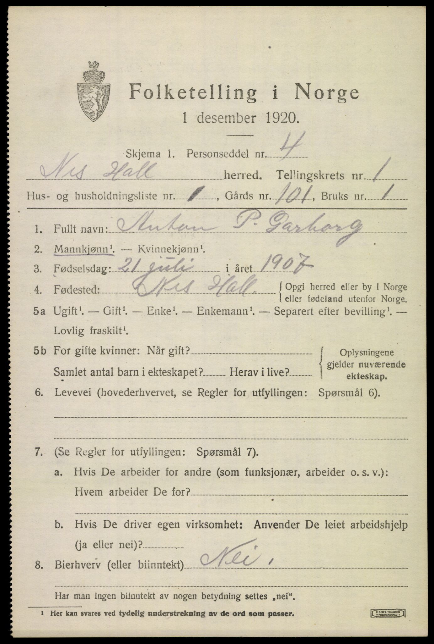 SAKO, 1920 census for Nes (Buskerud), 1920, p. 1022