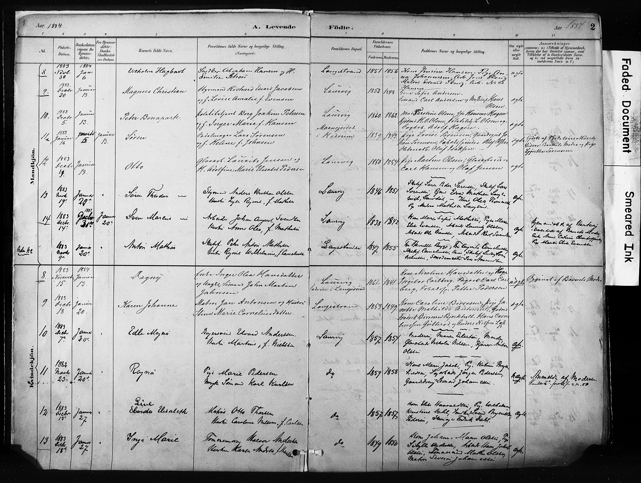 Larvik kirkebøker, AV/SAKO-A-352/F/Fa/L0009: Parish register (official) no. I 9, 1884-1904, p. 2