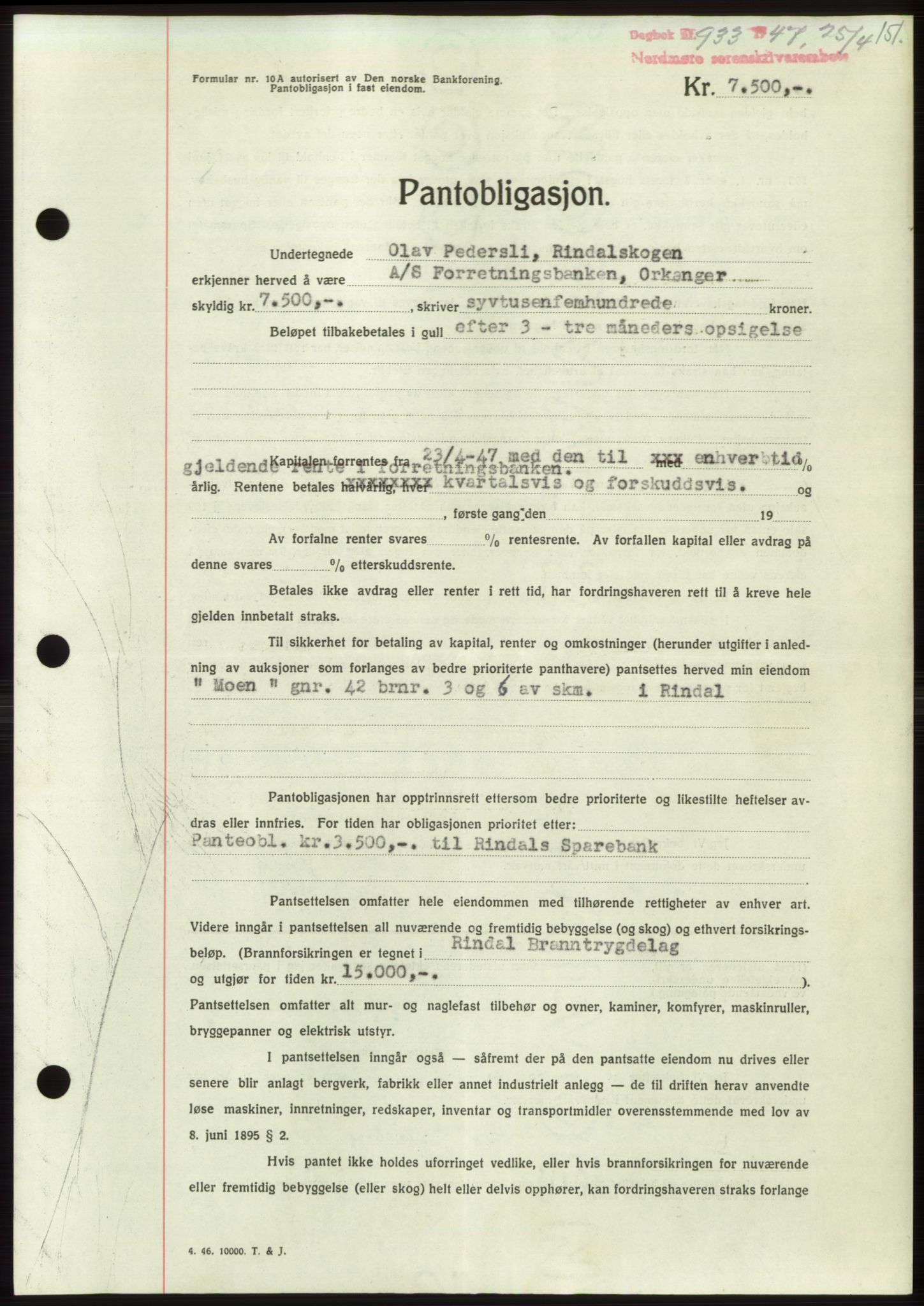 Nordmøre sorenskriveri, AV/SAT-A-4132/1/2/2Ca: Mortgage book no. B96, 1947-1947, Diary no: : 933/1947