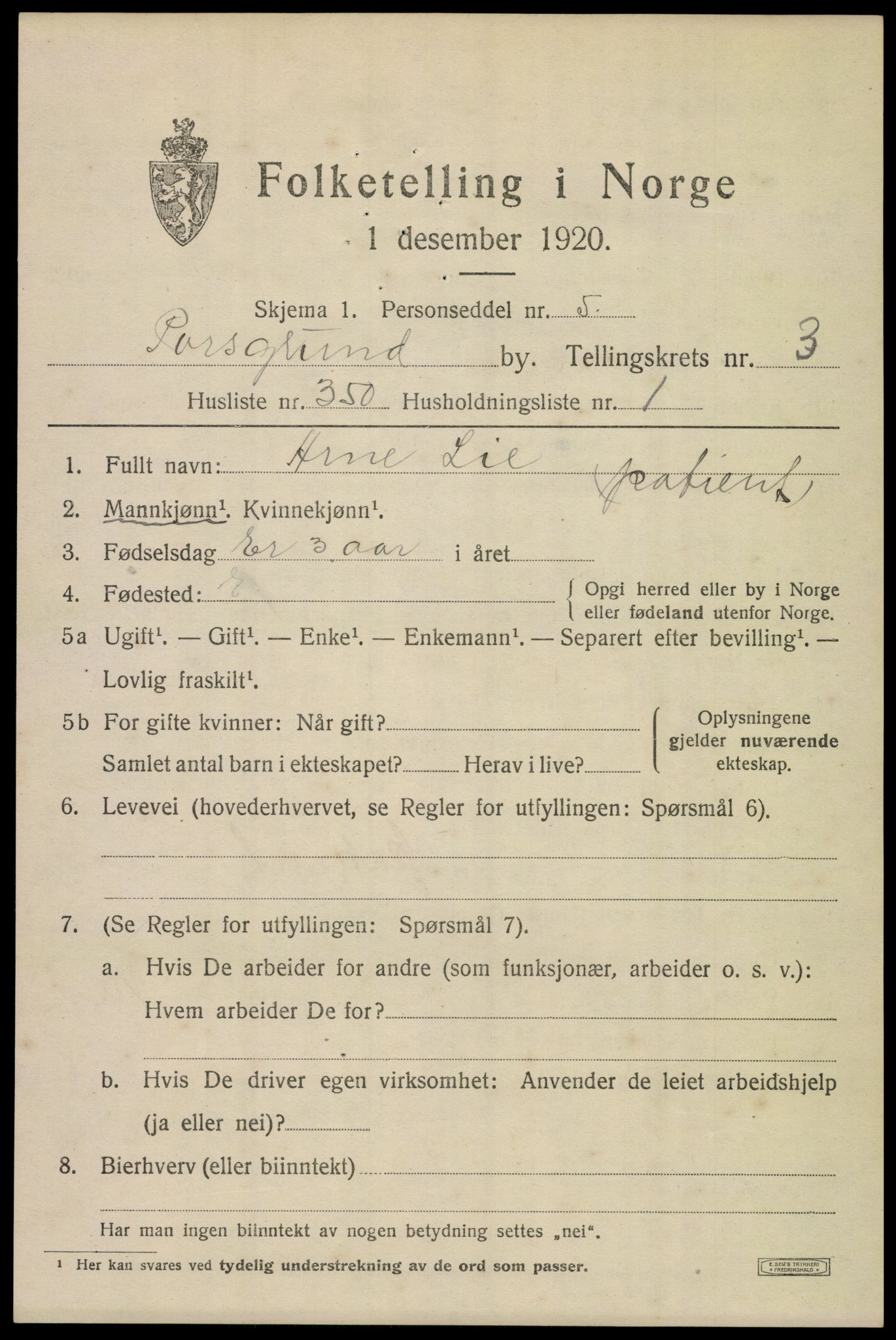 SAKO, 1920 census for Porsgrunn, 1920, p. 18877