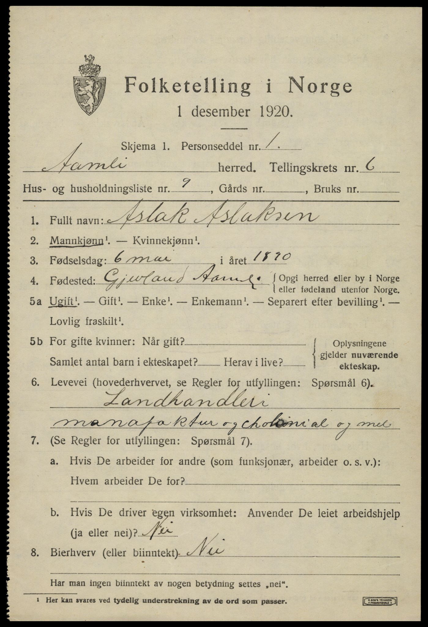 SAK, 1920 census for Åmli, 1920, p. 2711
