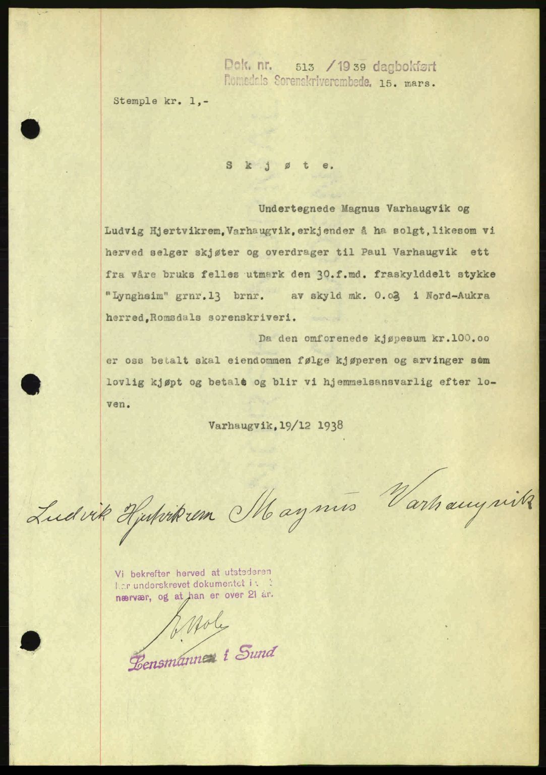 Romsdal sorenskriveri, AV/SAT-A-4149/1/2/2C: Mortgage book no. A6, 1938-1939, Diary no: : 513/1939