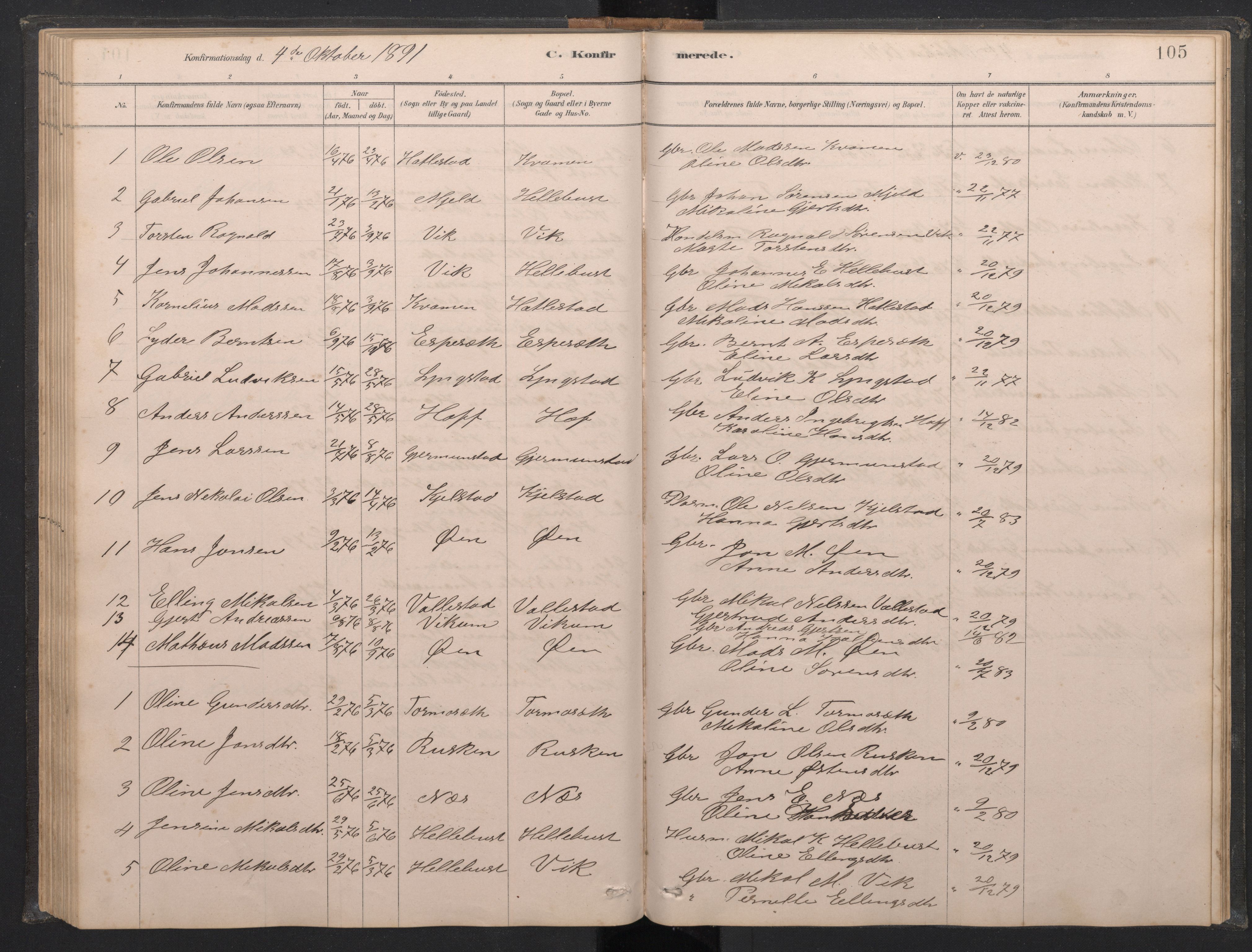 Gaular sokneprestembete, SAB/A-80001/H/Hab: Parish register (copy) no. C 3, 1878-1897, p. 104b-105a