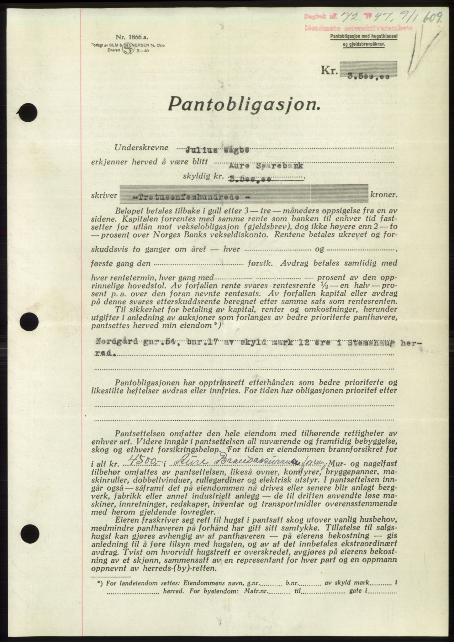 Nordmøre sorenskriveri, AV/SAT-A-4132/1/2/2Ca: Mortgage book no. B95, 1946-1947, Diary no: : 72/1947