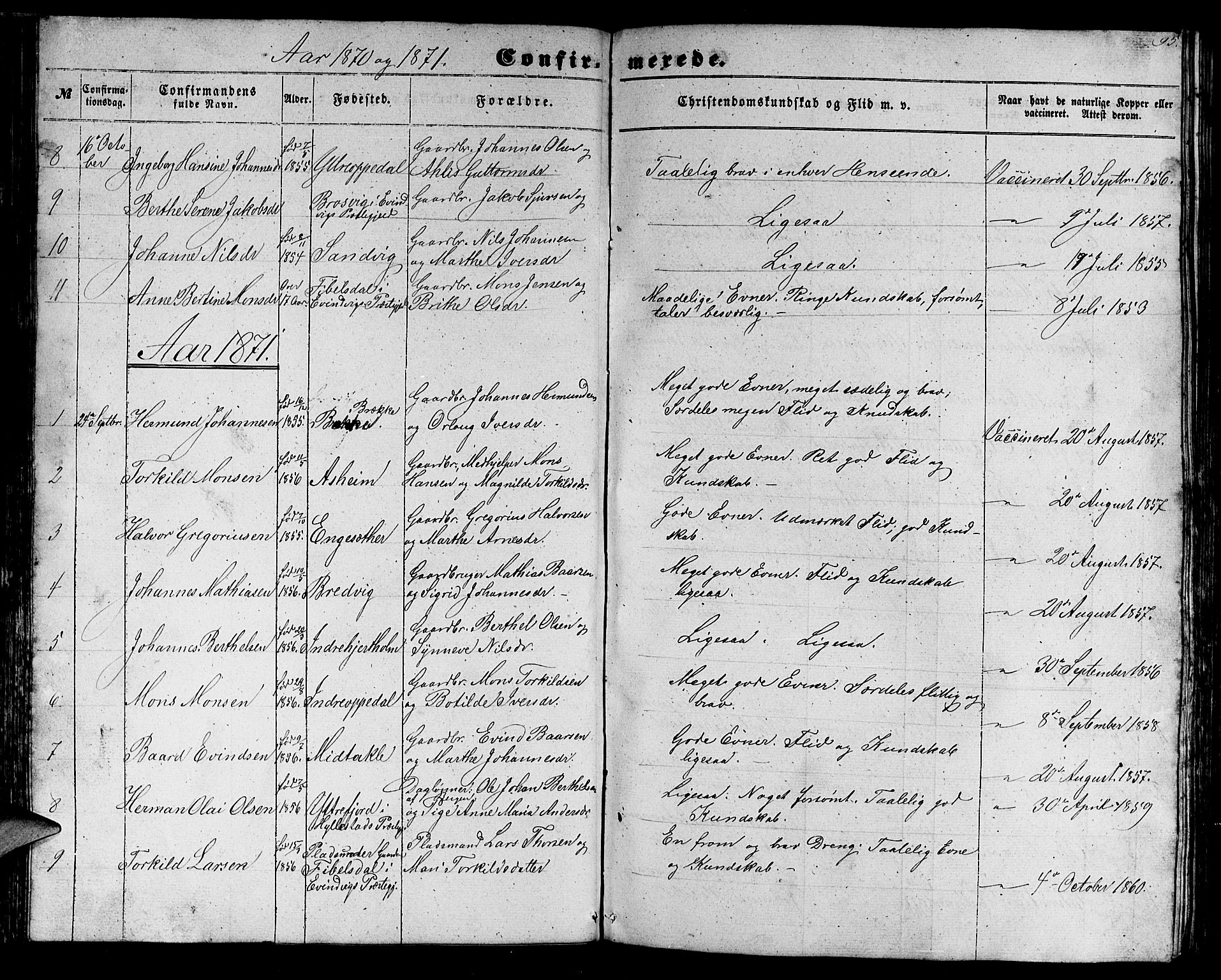 Gulen sokneprestembete, AV/SAB-A-80201/H/Hab/Habc/L0001: Parish register (copy) no. C 1, 1853-1880, p. 95