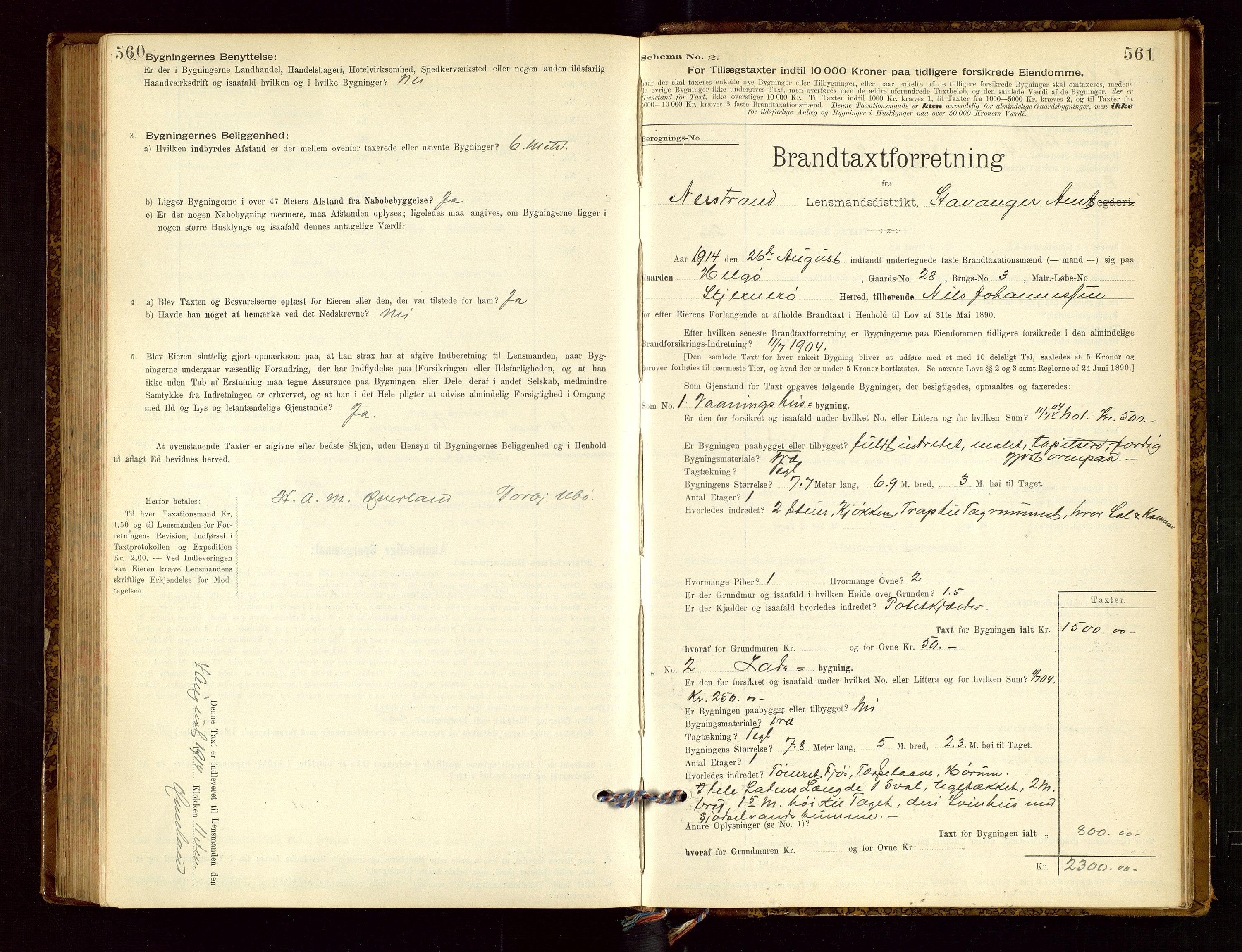 Nedstrand lensmannskontor, AV/SAST-A-100236/Gob/L0001: "Brandtaxationsprotokol for Nerstrand Lensmandsdistrikt Ryfylke fogderi", 1895-1915, p. 560-561