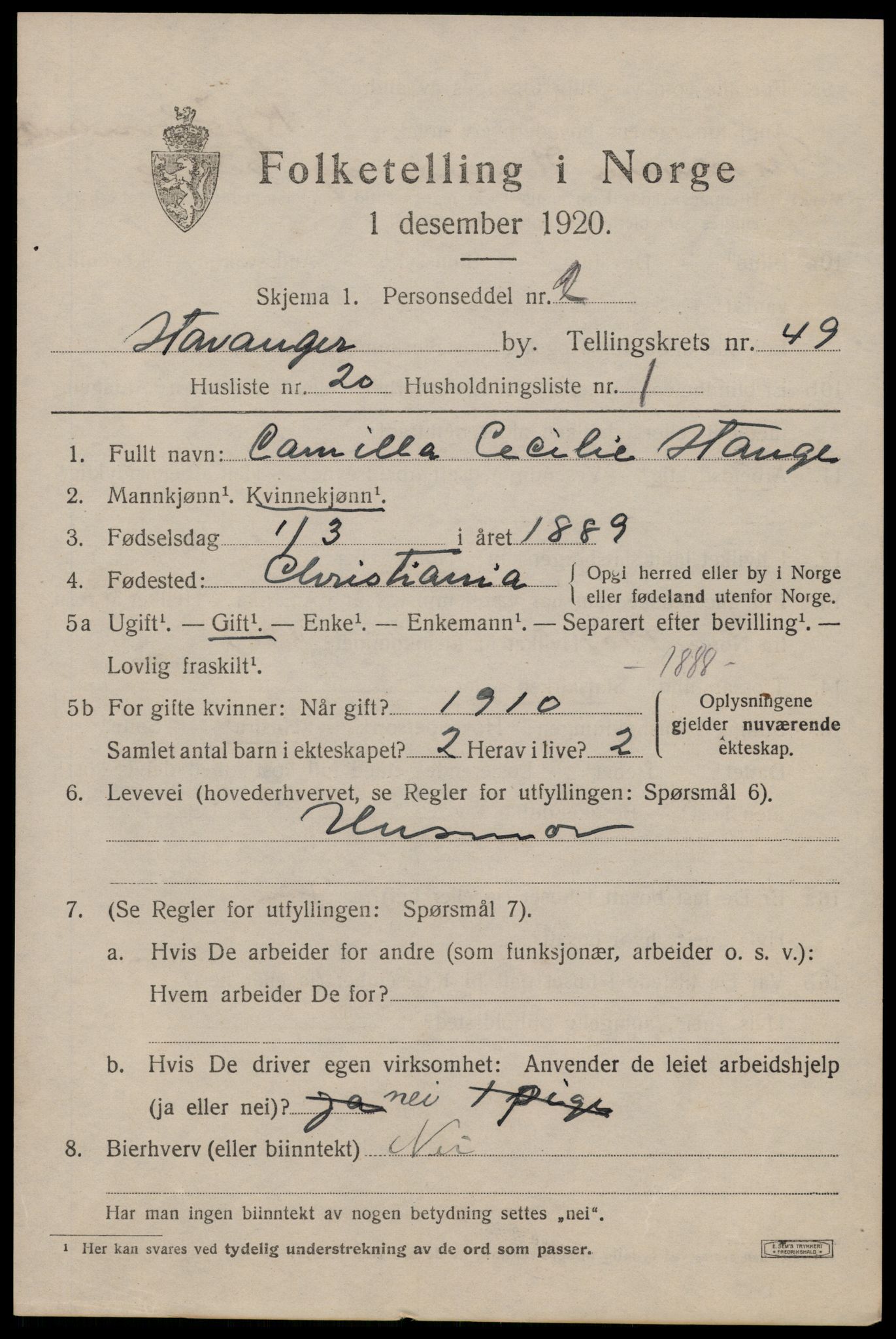 SAST, 1920 census for Stavanger, 1920, p. 118702