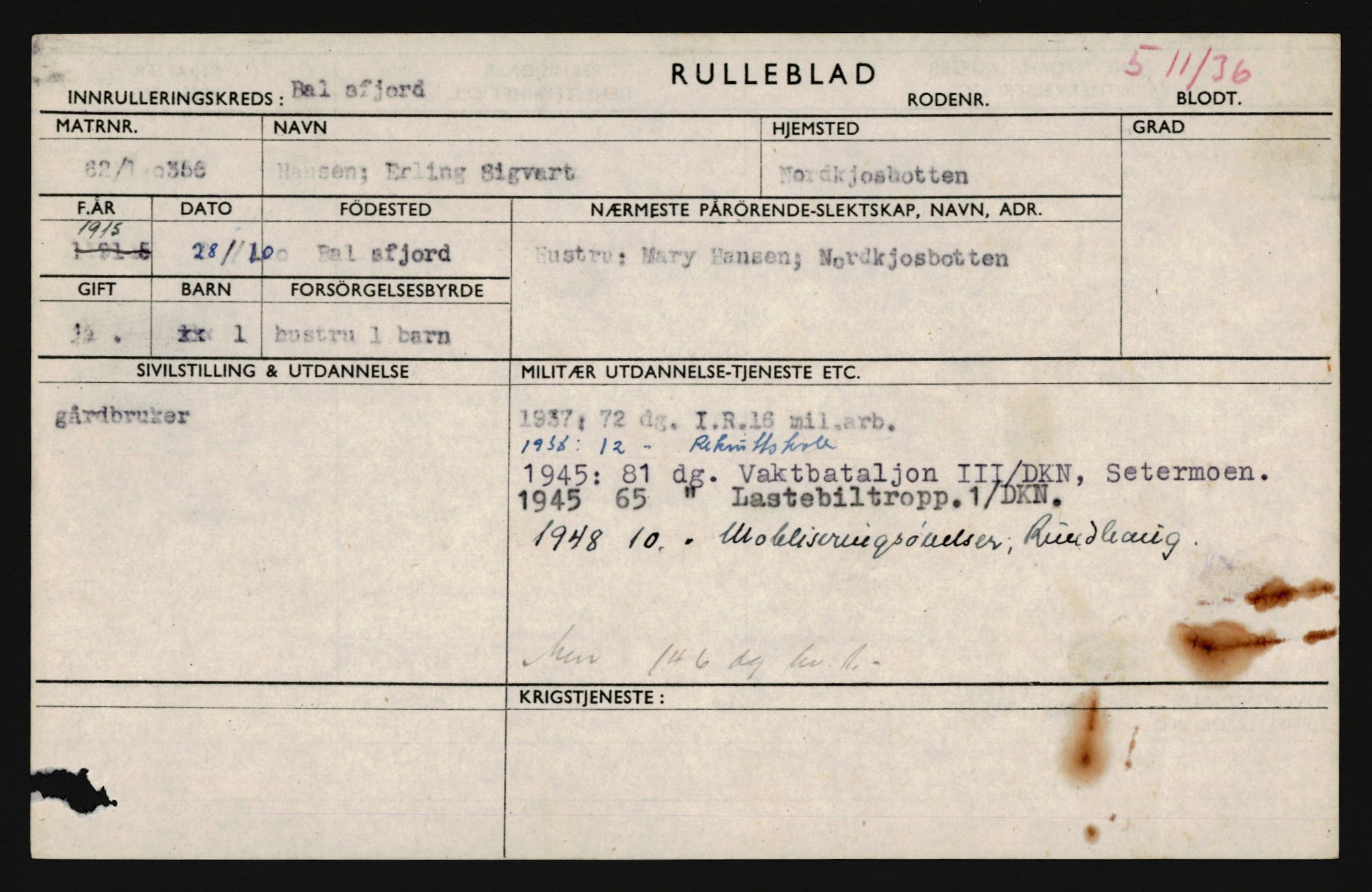 Forsvaret, Troms infanteriregiment nr. 16, AV/RA-RAFA-3146/P/Pa/L0020: Rulleblad for regimentets menige mannskaper, årsklasse 1936, 1936, p. 311