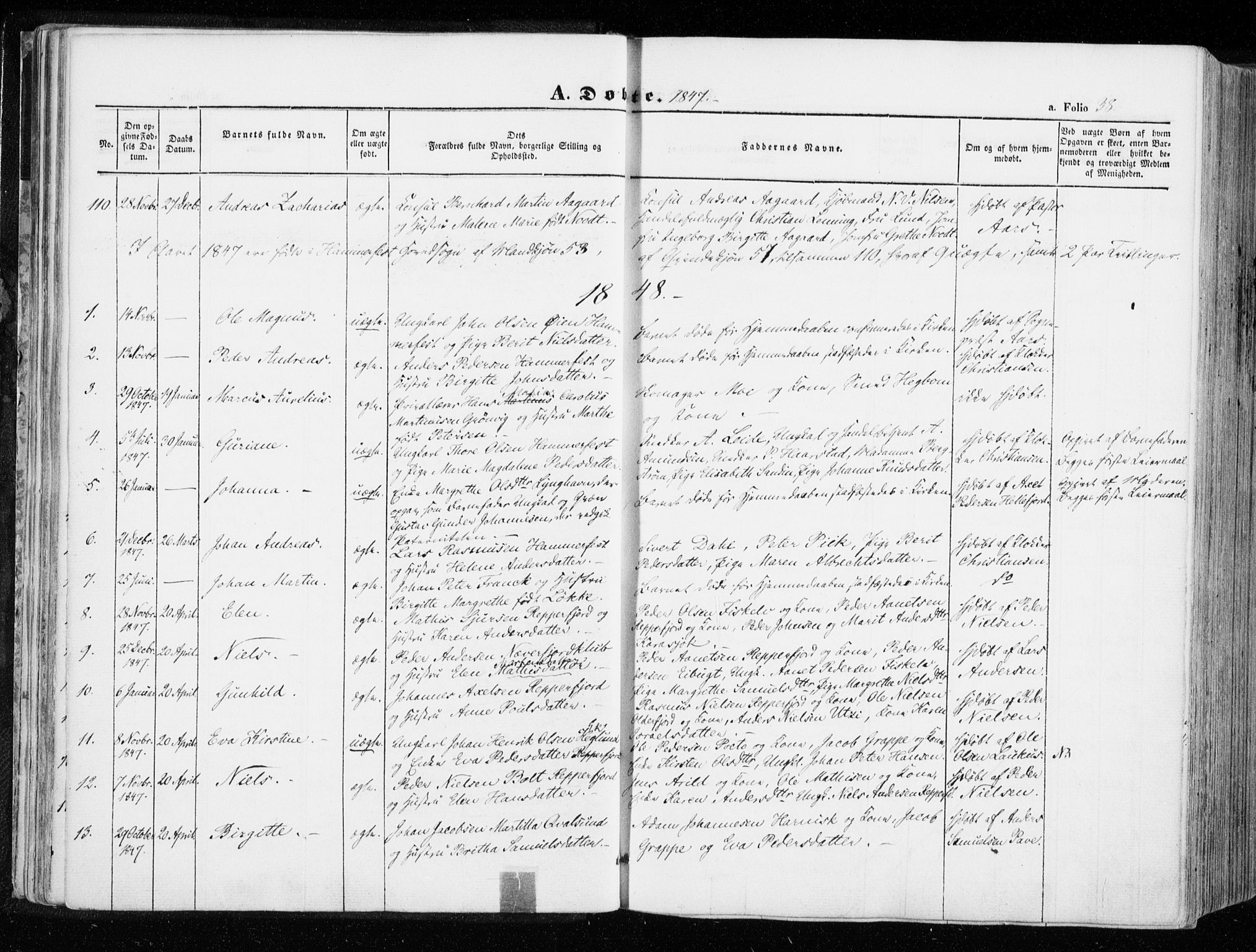 Hammerfest sokneprestkontor, SATØ/S-1347/H/Ha/L0004.kirke: Parish register (official) no. 4, 1843-1856, p. 38