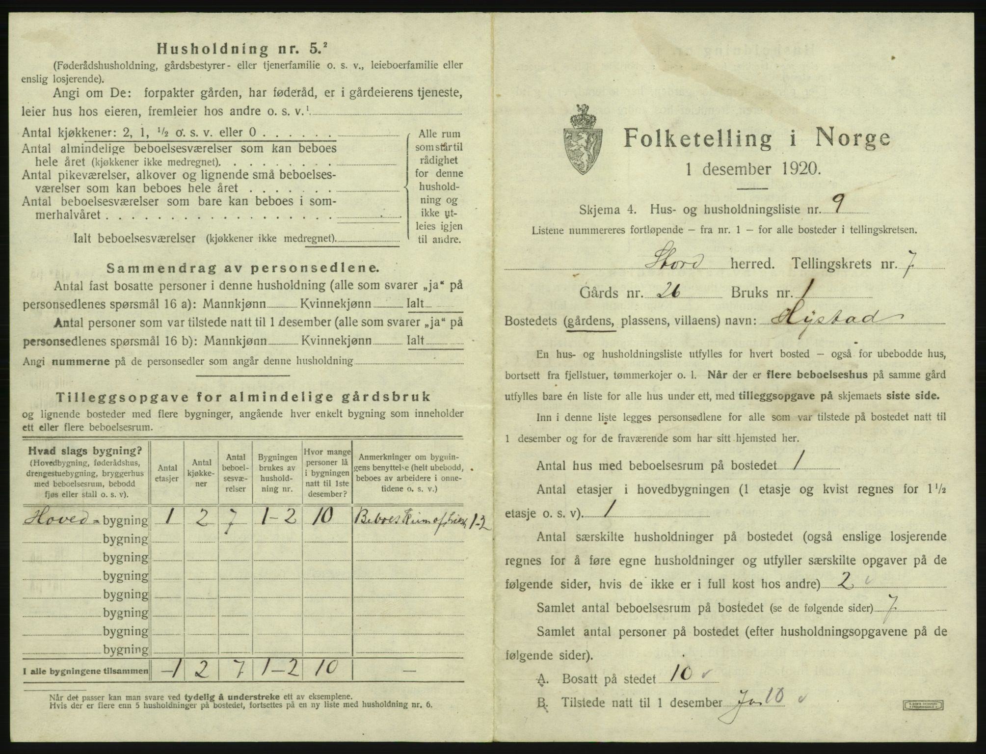 SAB, 1920 census for Stord, 1920, p. 377