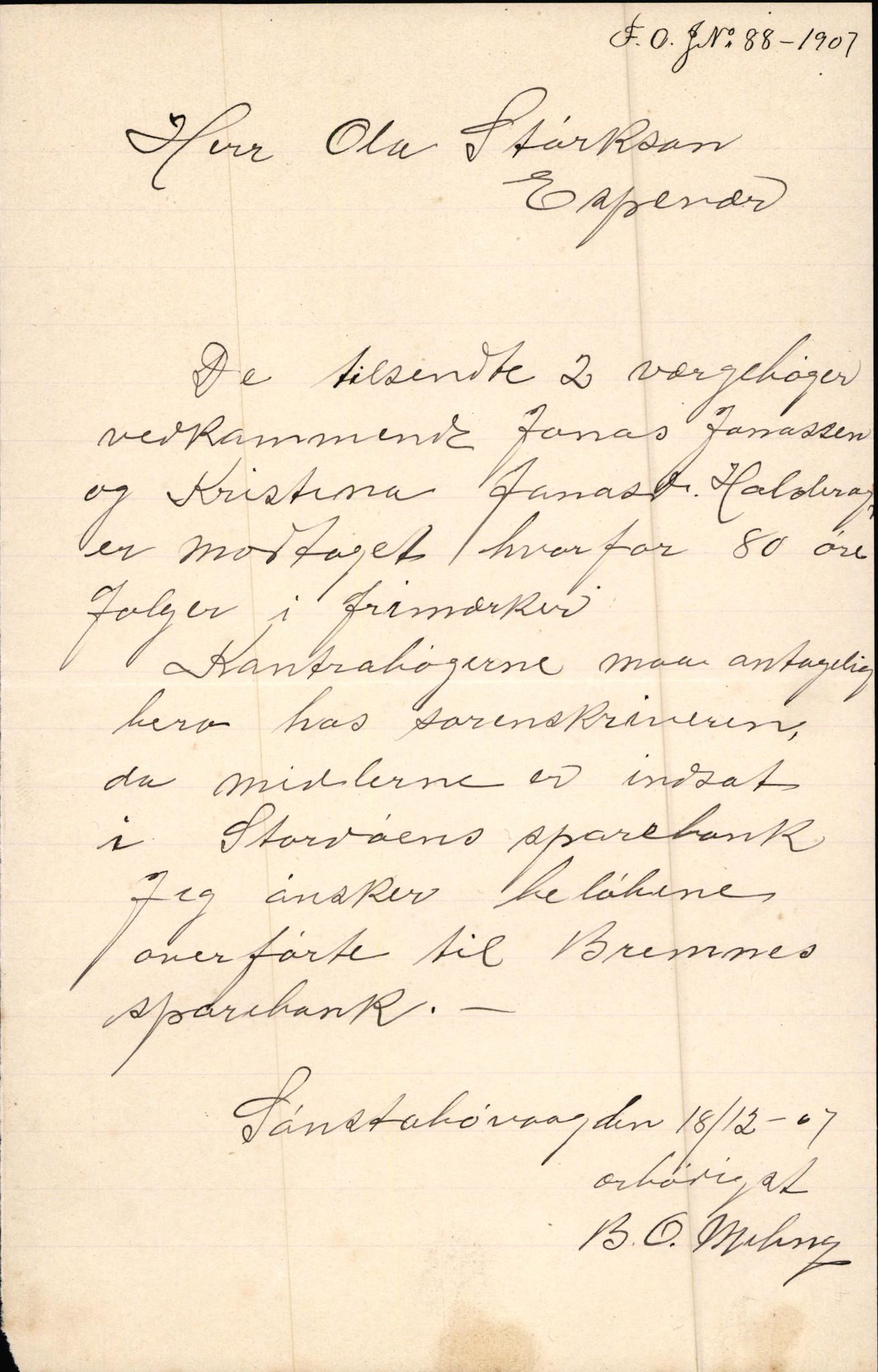 Finnaas kommune. Overformynderiet, IKAH/1218a-812/D/Da/Daa/L0002/0003: Kronologisk ordna korrespondanse / Kronologisk ordna korrespondanse, 1905-1909, p. 98