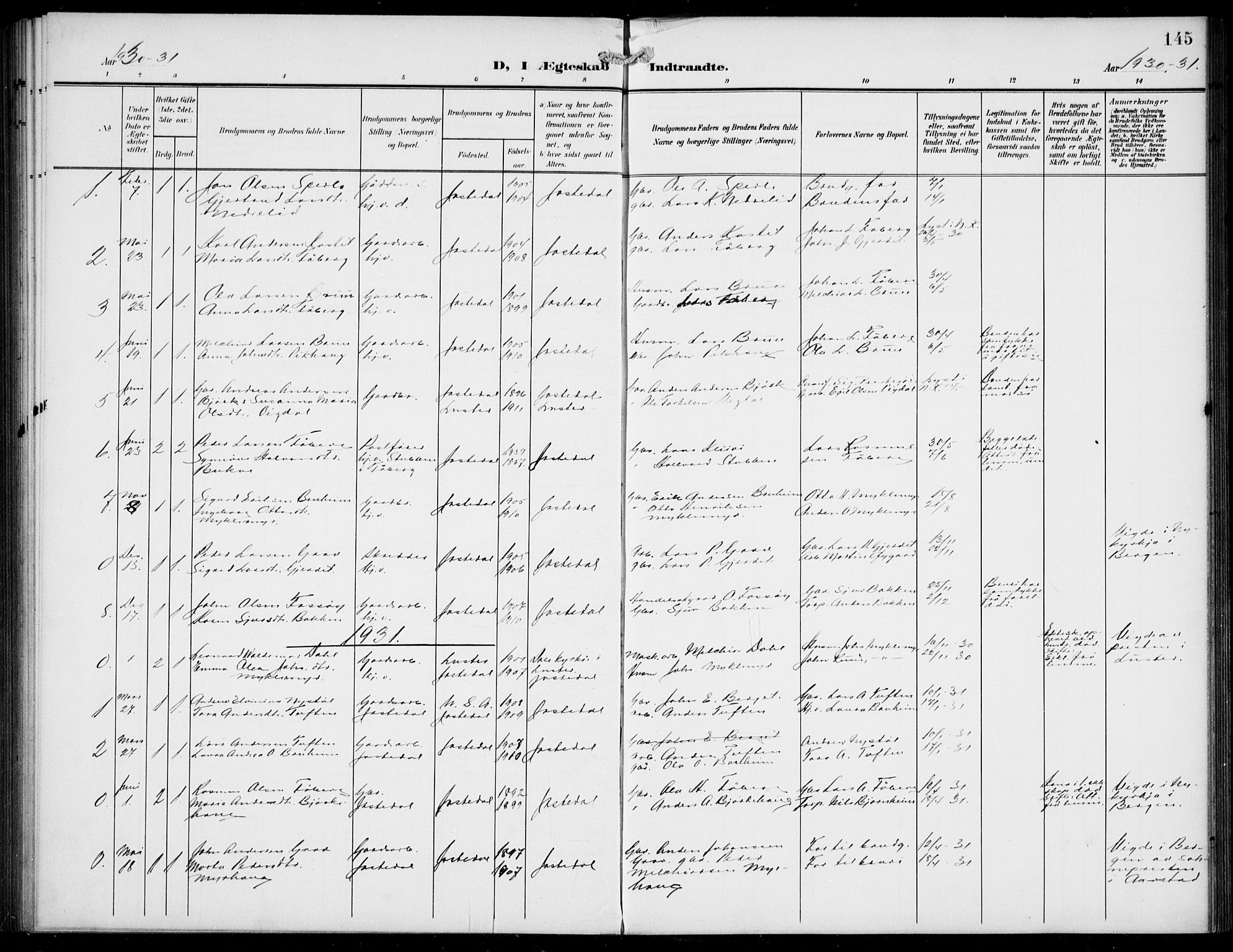 Jostedal sokneprestembete, AV/SAB-A-80601/H/Hab/Haba/L0002: Parish register (copy) no. A 2, 1907-1931, p. 145