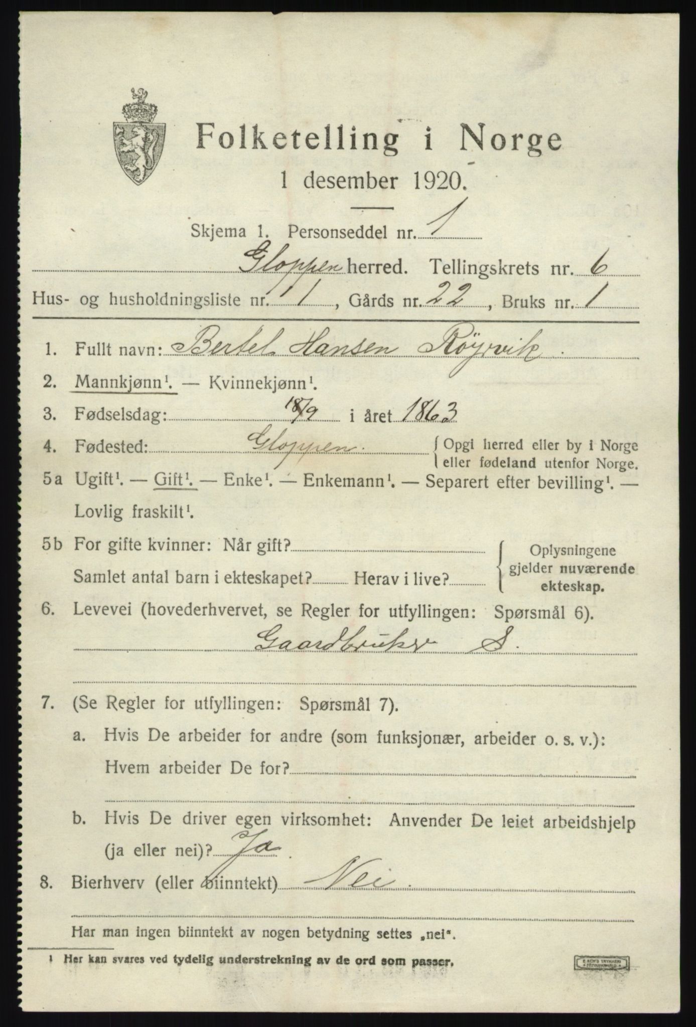 SAB, 1920 census for Gloppen, 1920, p. 3708