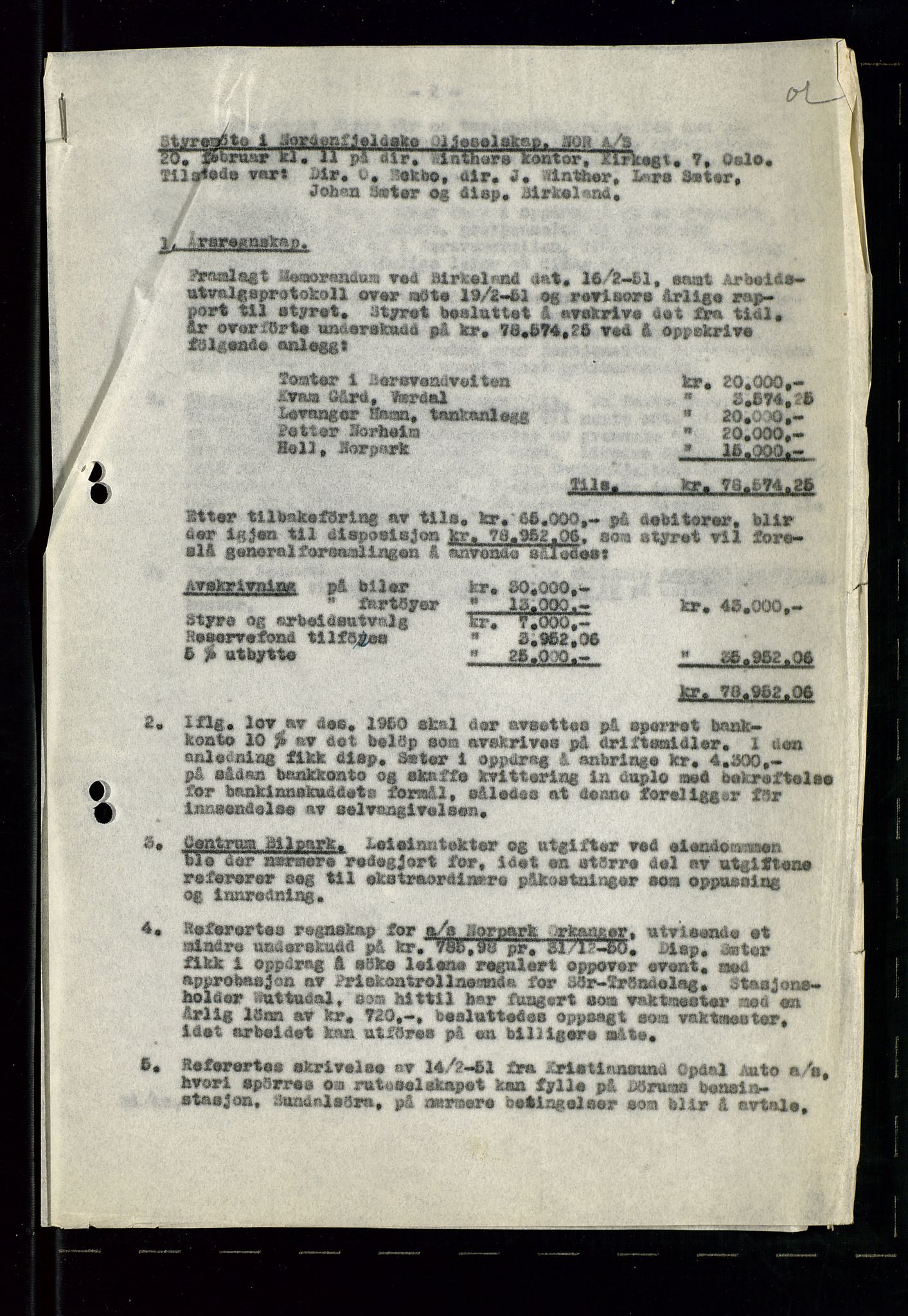 PA 1519 - Nordenfjeldske Oljeselskap, NOR A/S, AV/SAST-A-101924/A/L0001: Styreprotokoll, 1937-1962, p. 91