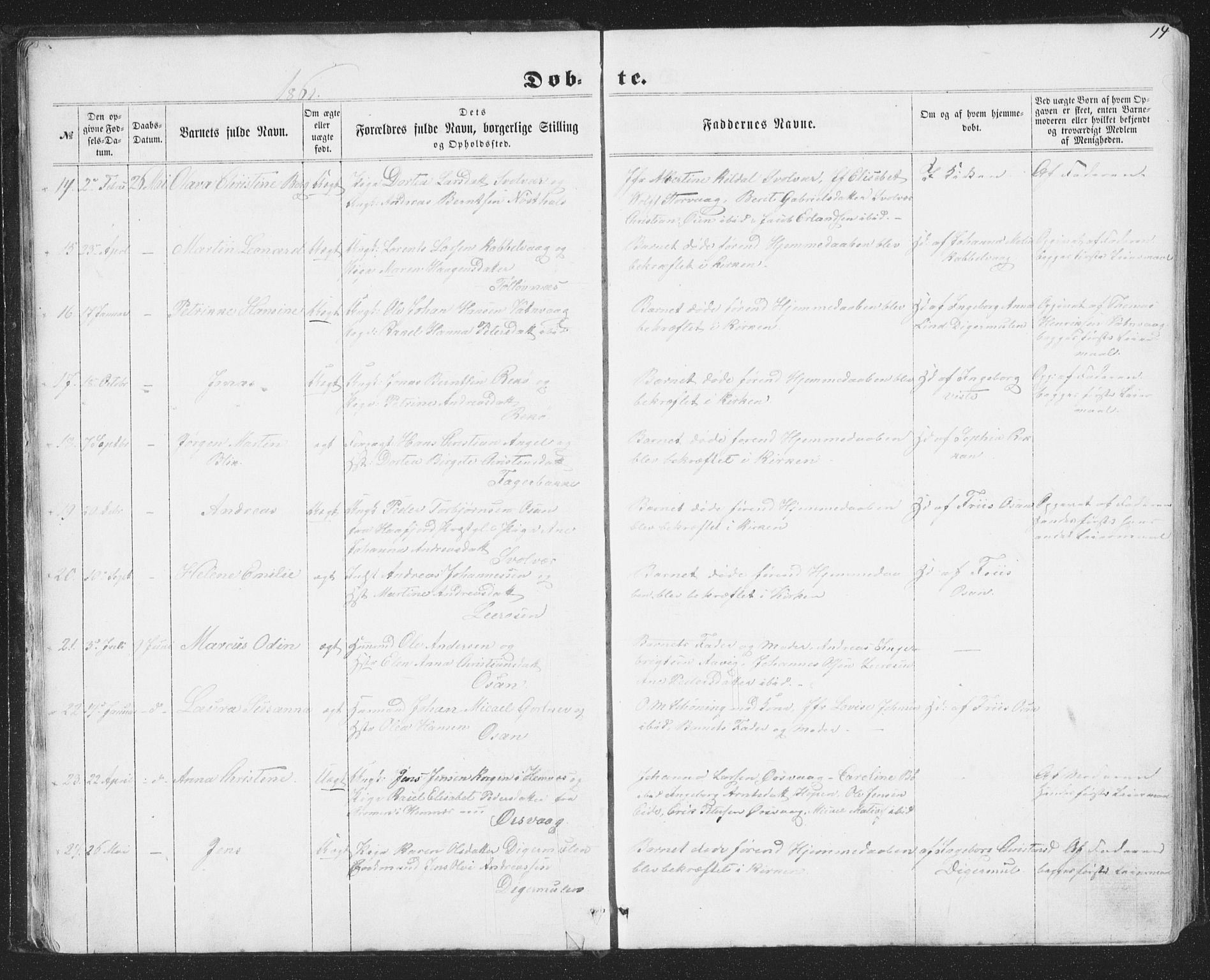 Ministerialprotokoller, klokkerbøker og fødselsregistre - Nordland, AV/SAT-A-1459/874/L1073: Parish register (copy) no. 874C02, 1860-1870, p. 14