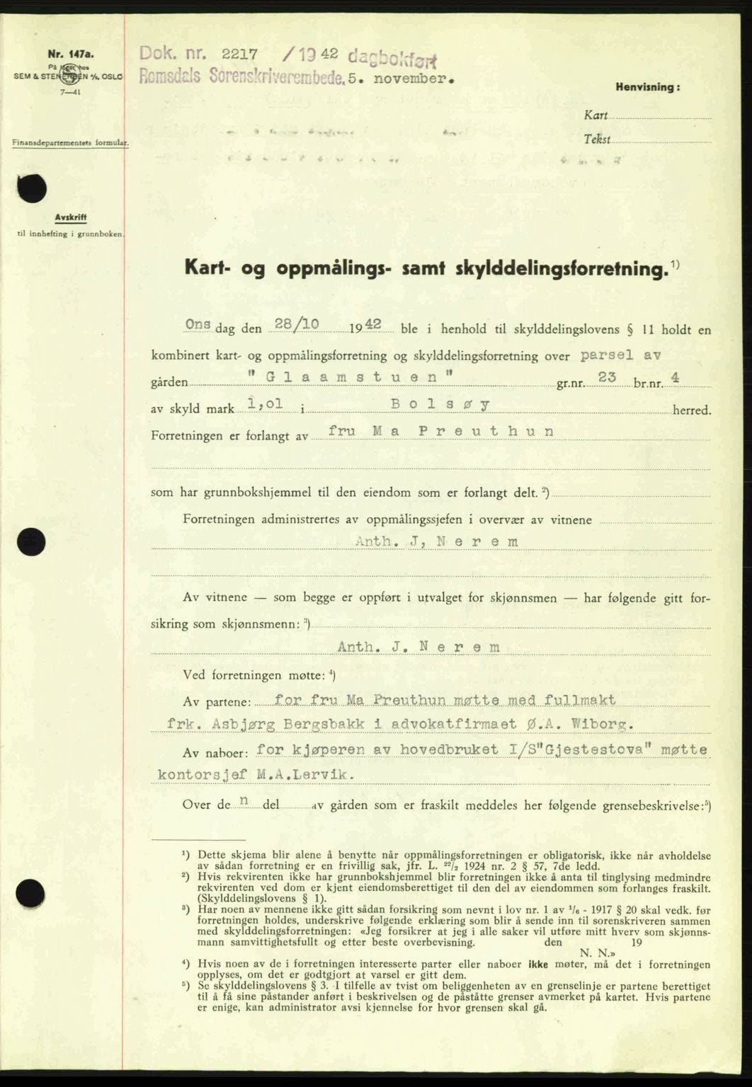 Romsdal sorenskriveri, AV/SAT-A-4149/1/2/2C: Mortgage book no. A13, 1942-1943, Diary no: : 2217/1942