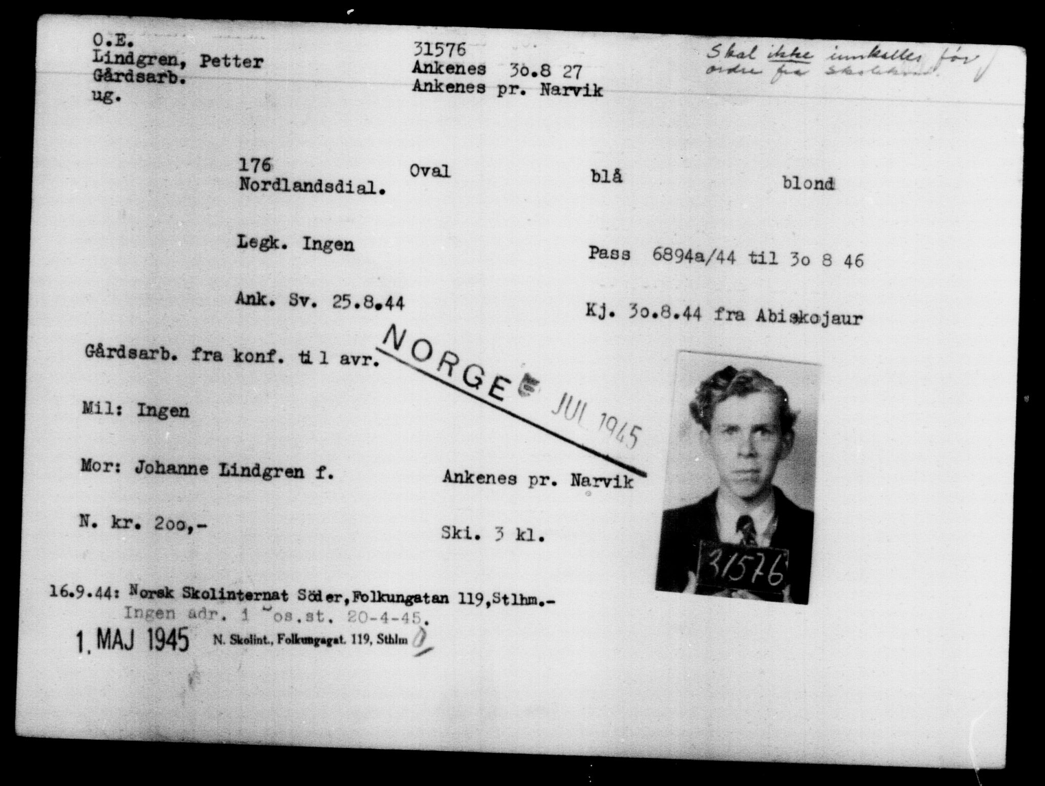 Utenriksstasjonene, Legasjonen i Stockholm, Flyktningkontoret, AV/RA-S-6753/V/Va/L0013: Kjesäterkartoteket, flyktninger med registreringsnr. 31500-34731, 1940-1945, p. 83