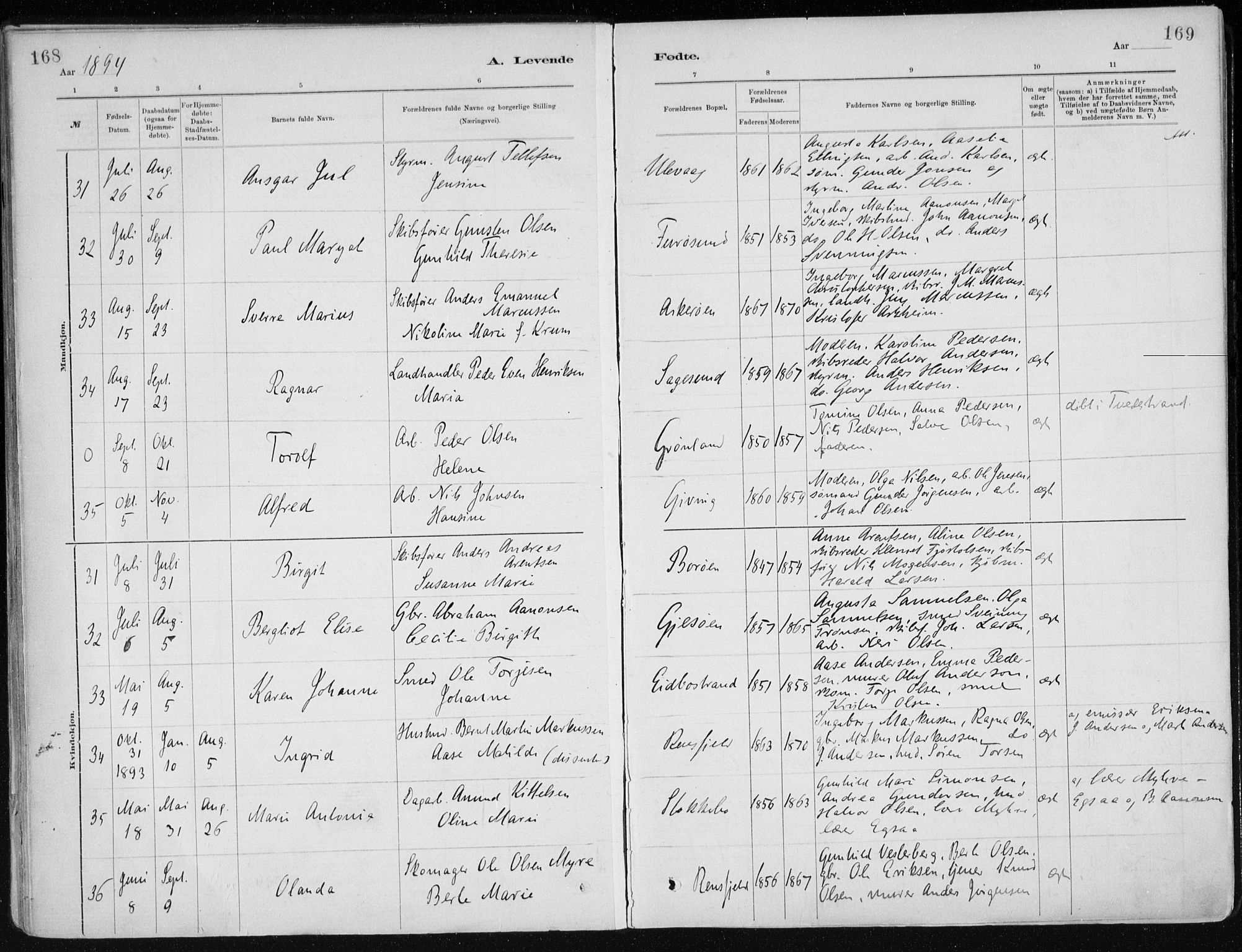 Dypvåg sokneprestkontor, AV/SAK-1111-0007/F/Fa/Faa/L0008: Parish register (official) no. A 8, 1885-1906, p. 168-169