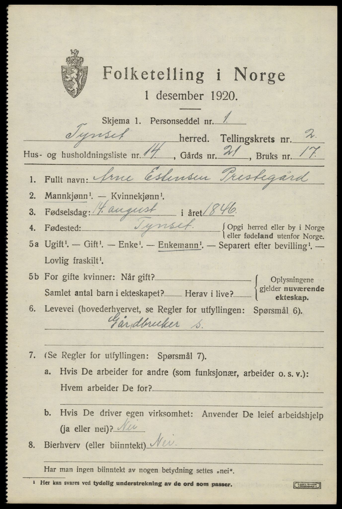 SAH, 1920 census for Tynset, 1920, p. 2446