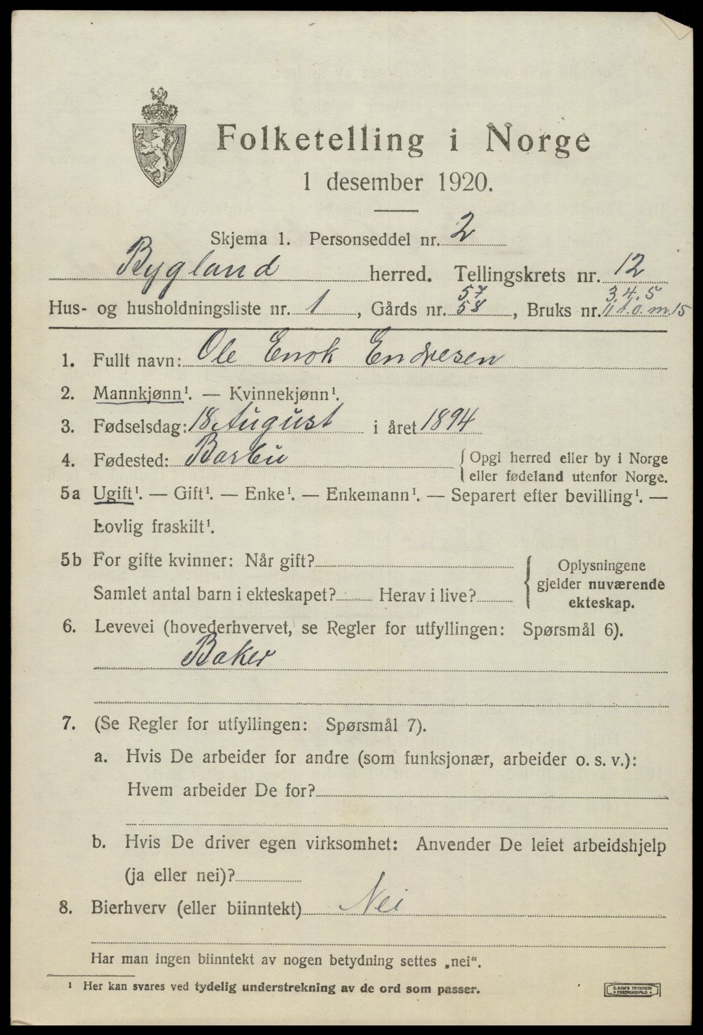 SAK, 1920 census for Bygland, 1920, p. 4463