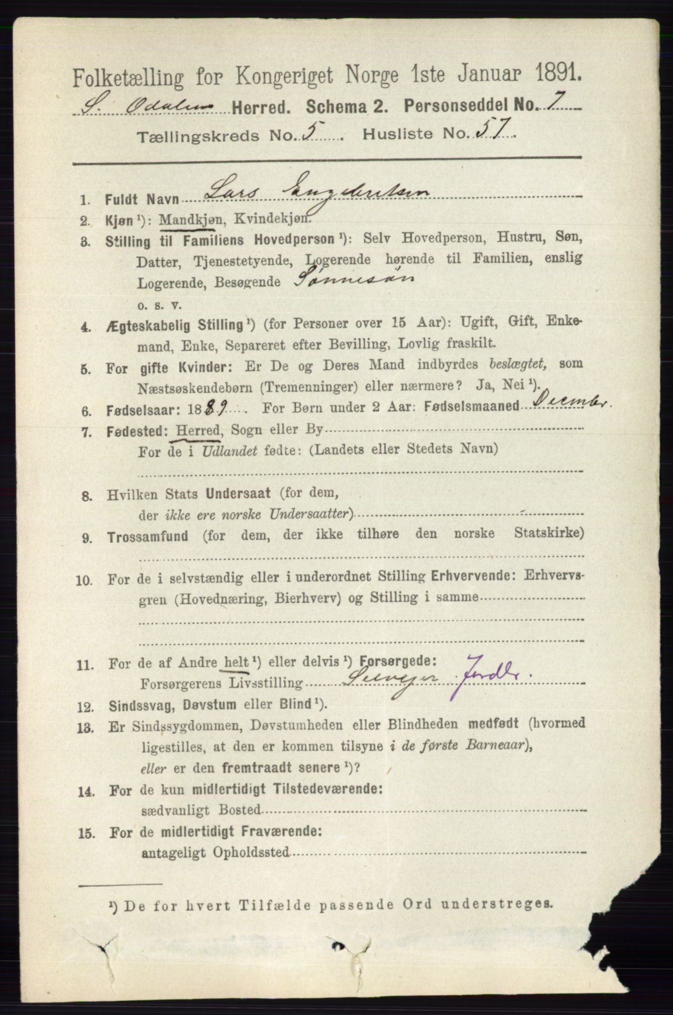 RA, 1891 census for 0419 Sør-Odal, 1891, p. 2684