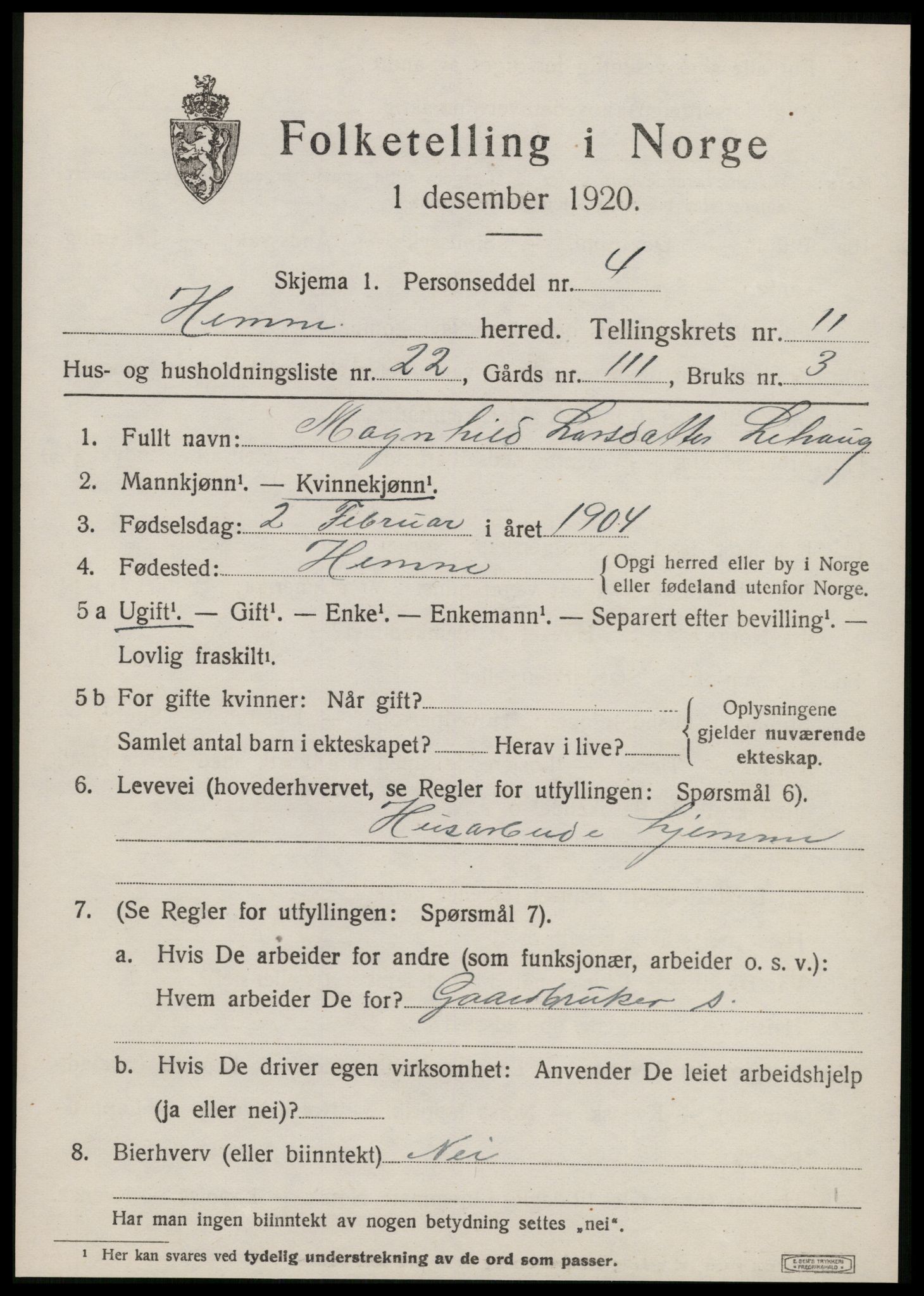 SAT, 1920 census for Hemne, 1920, p. 6812