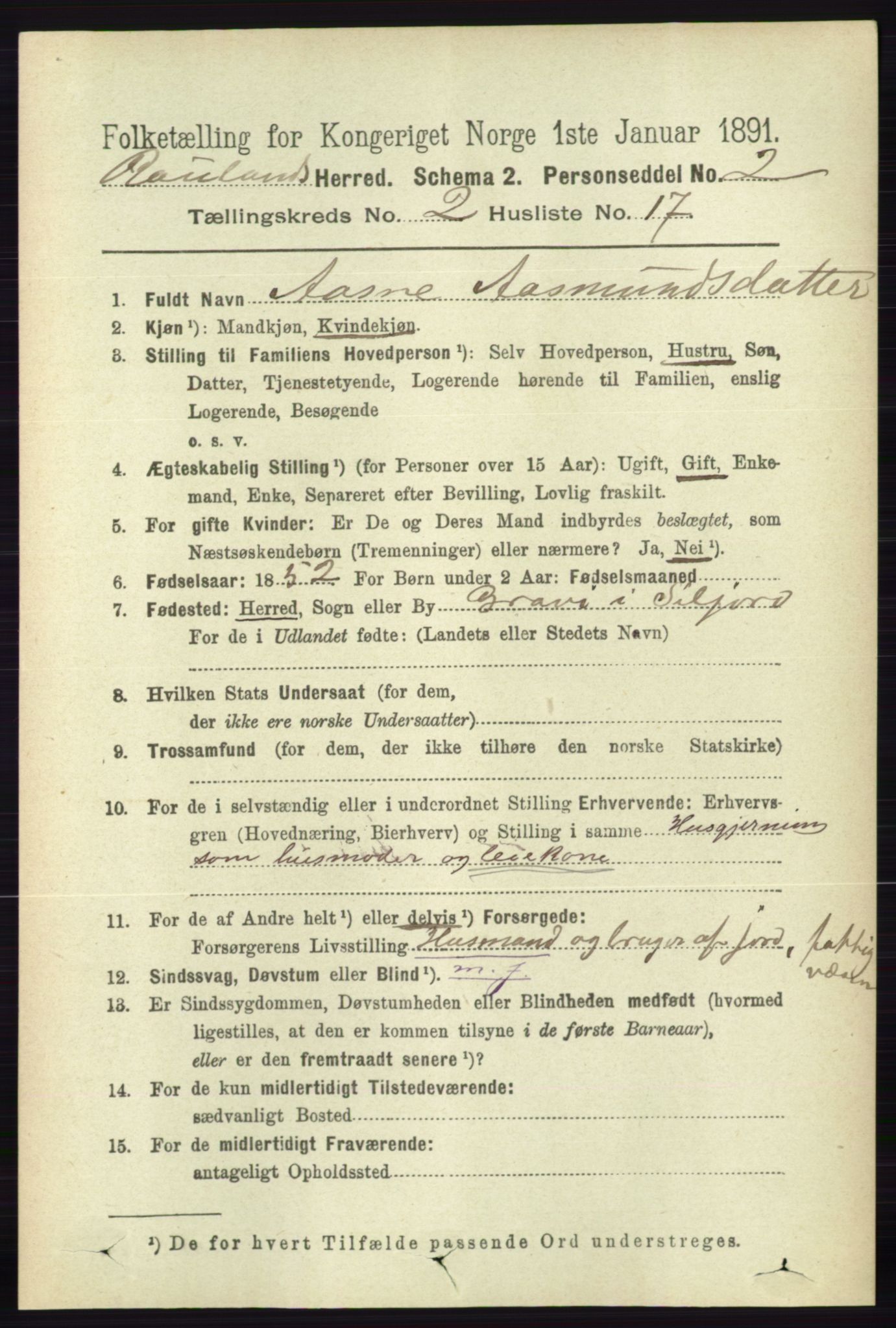 RA, 1891 census for 0835 Rauland, 1891, p. 360