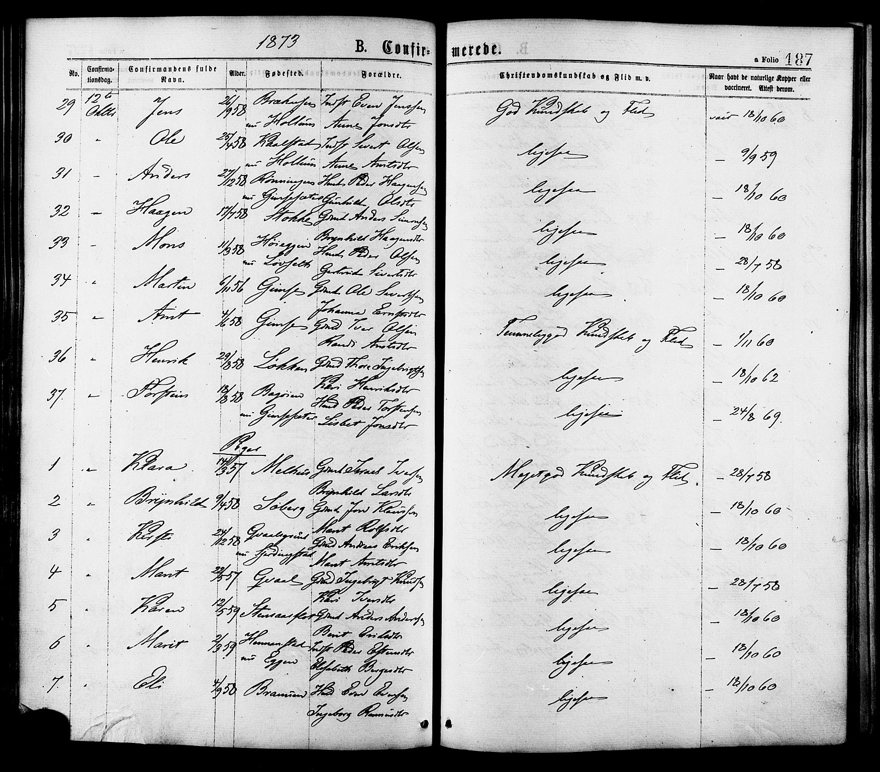 Ministerialprotokoller, klokkerbøker og fødselsregistre - Sør-Trøndelag, AV/SAT-A-1456/691/L1079: Parish register (official) no. 691A11, 1873-1886, p. 187