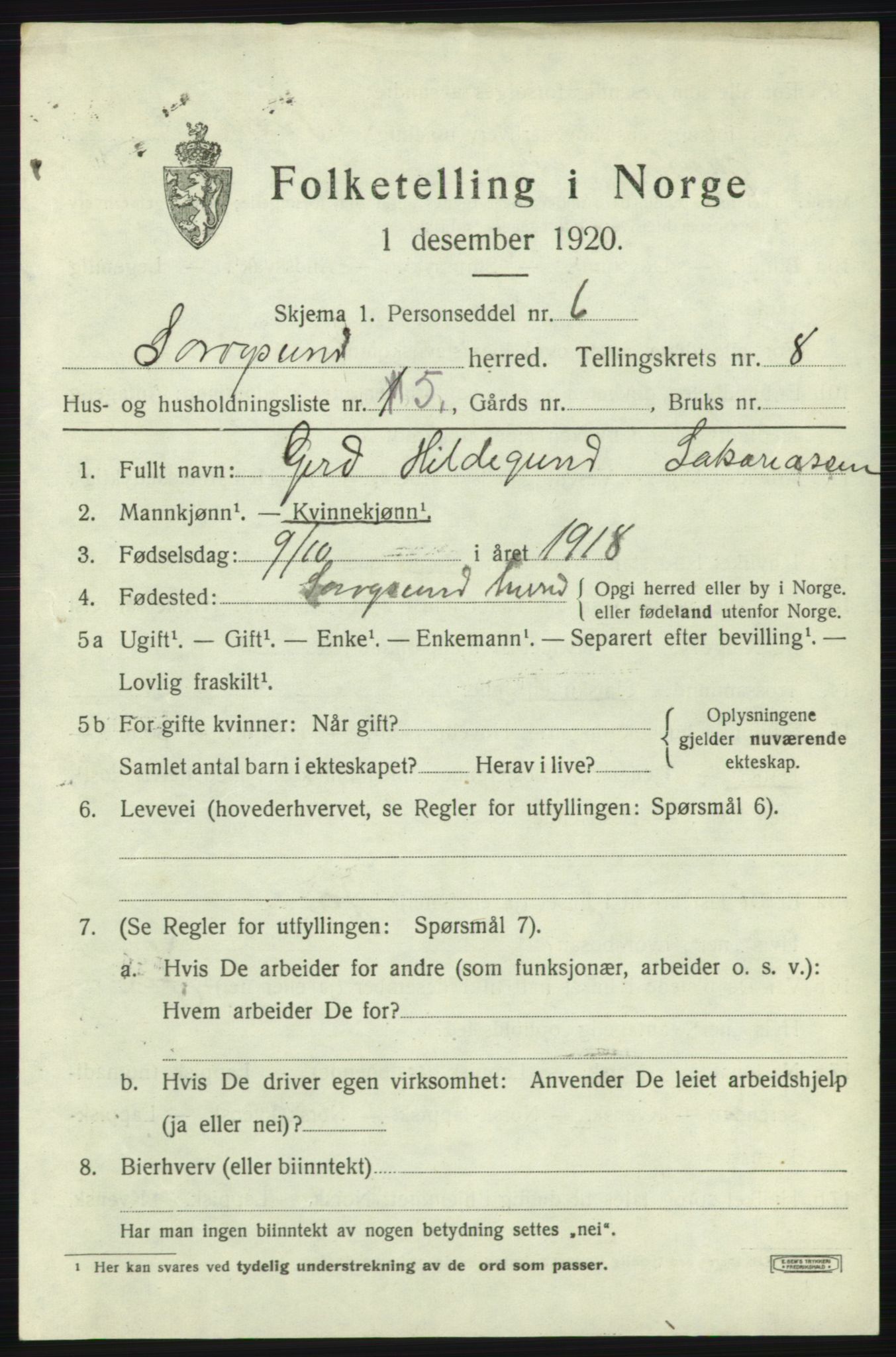 SATØ, 1920 census for Sørøysund rural district, 1920, p. 3310