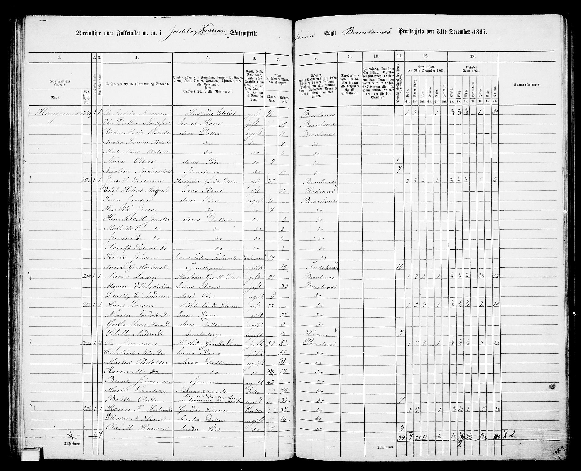 RA, 1865 census for Brunlanes, 1865, p. 70