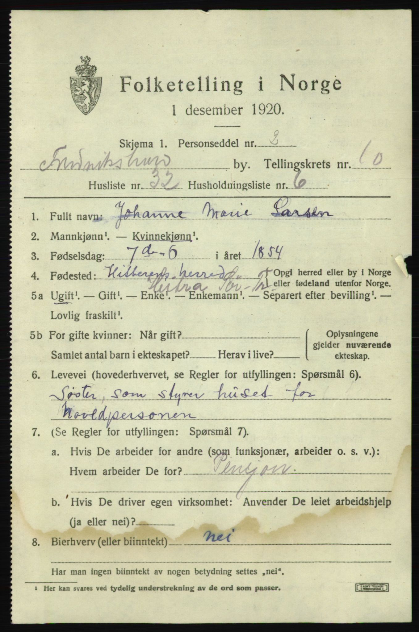 SAO, 1920 census for Fredrikshald, 1920, p. 18459