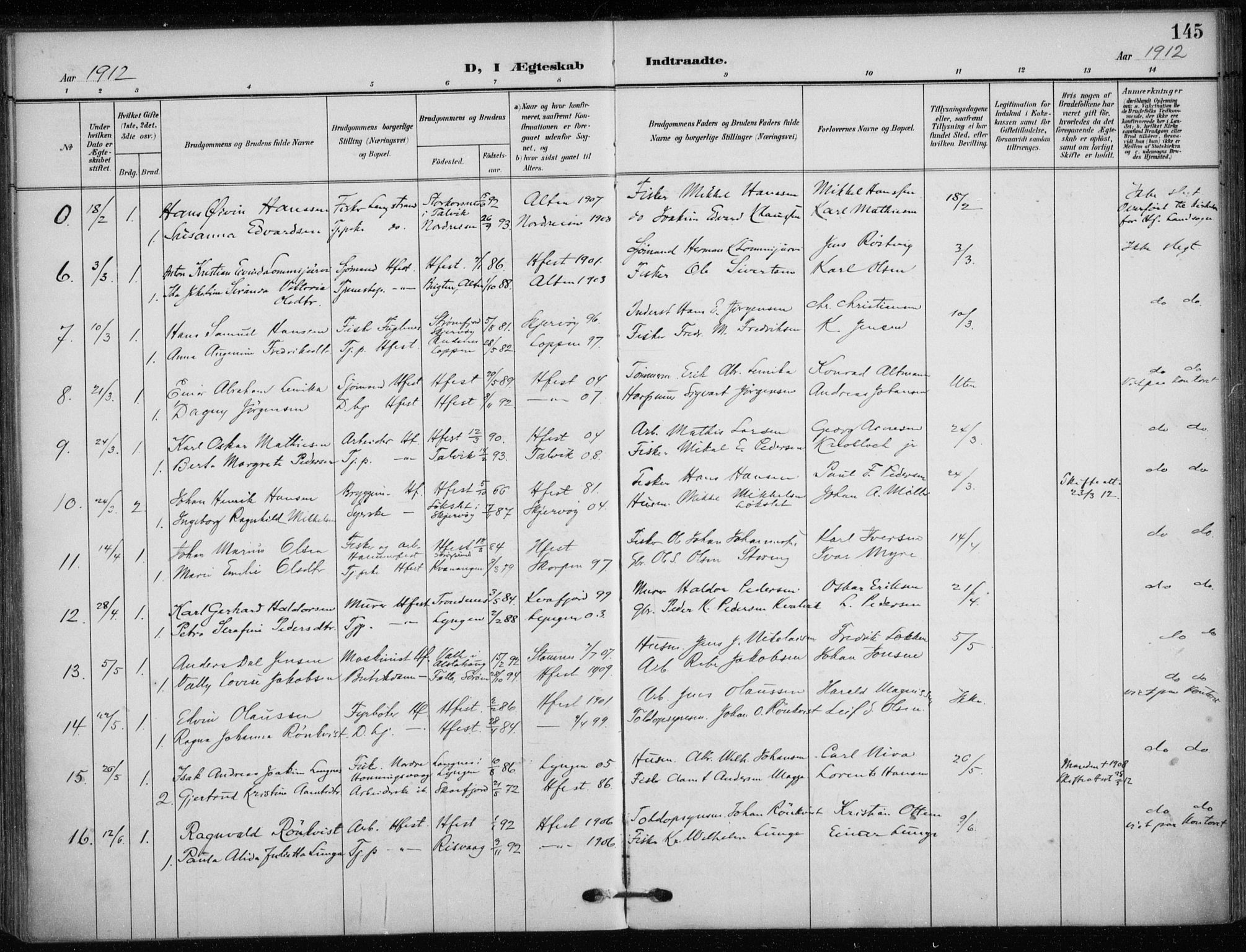 Hammerfest sokneprestkontor, AV/SATØ-S-1347/H/Ha/L0014.kirke: Parish register (official) no. 14, 1906-1916, p. 145