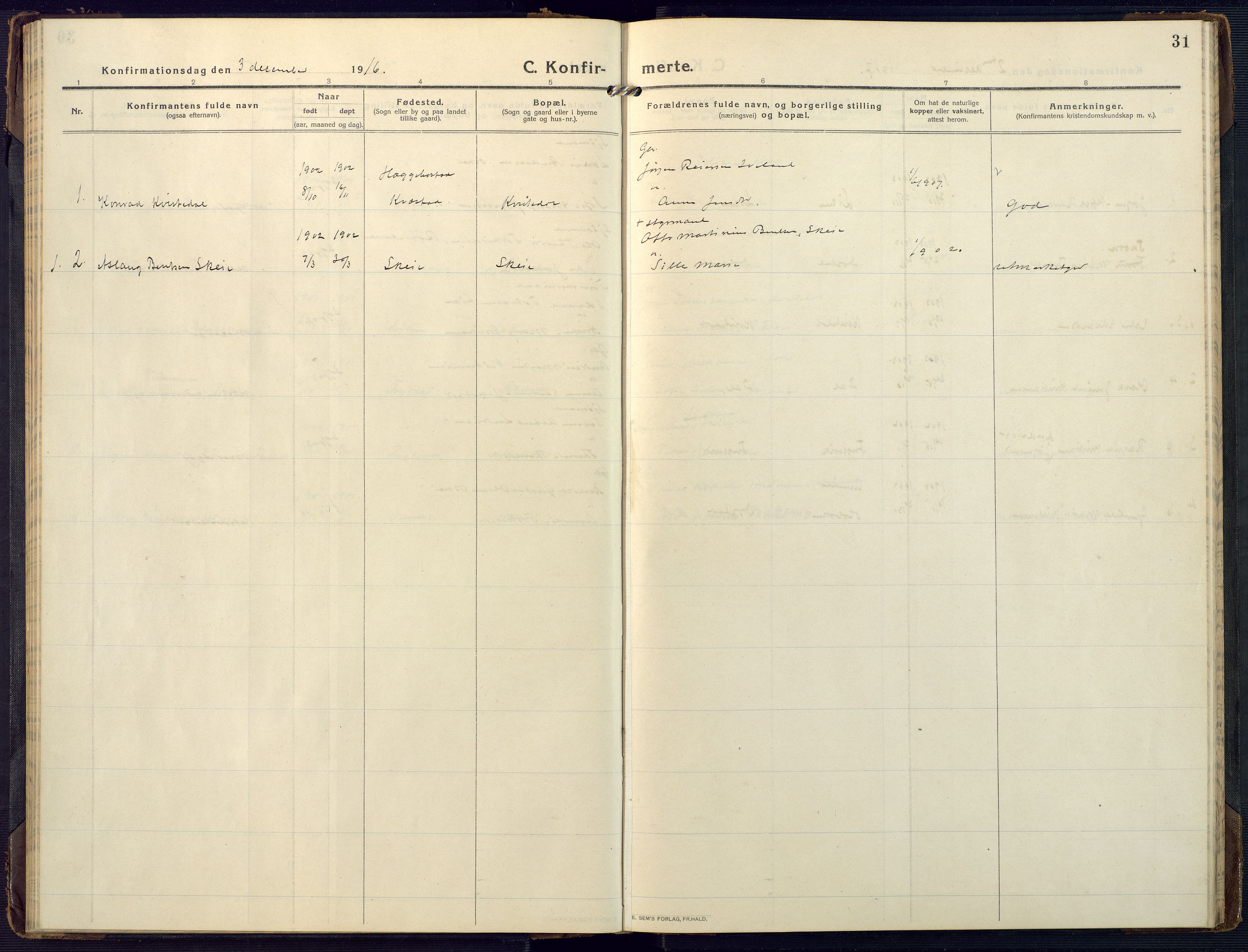 Mandal sokneprestkontor, SAK/1111-0030/F/Fa/Fab/L0003: Parish register (official) no. A 3, 1913-1933, p. 31