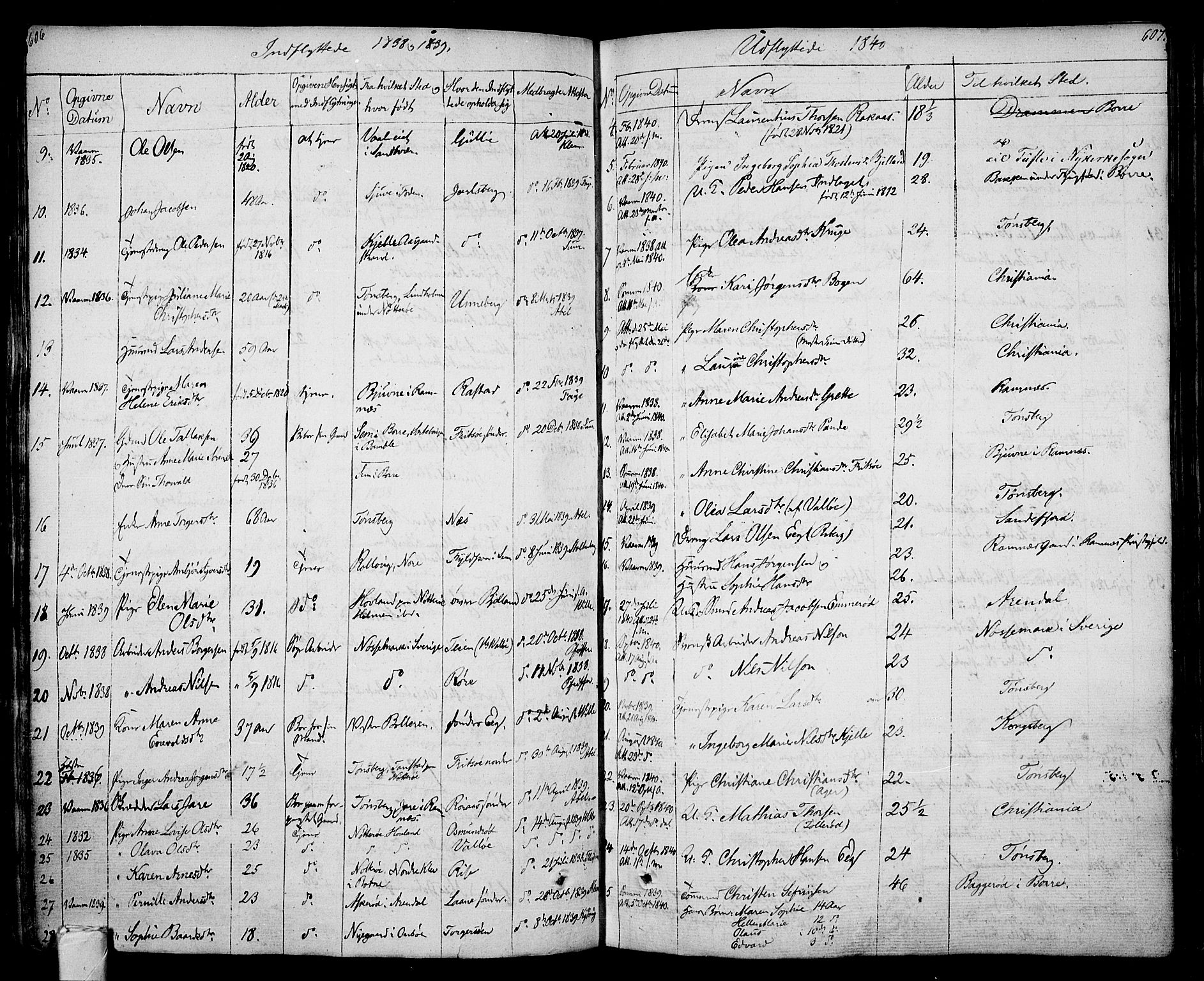 Sem kirkebøker, SAKO/A-5/F/Fa/L0005: Parish register (official) no. I 5, 1825-1842, p. 606-607