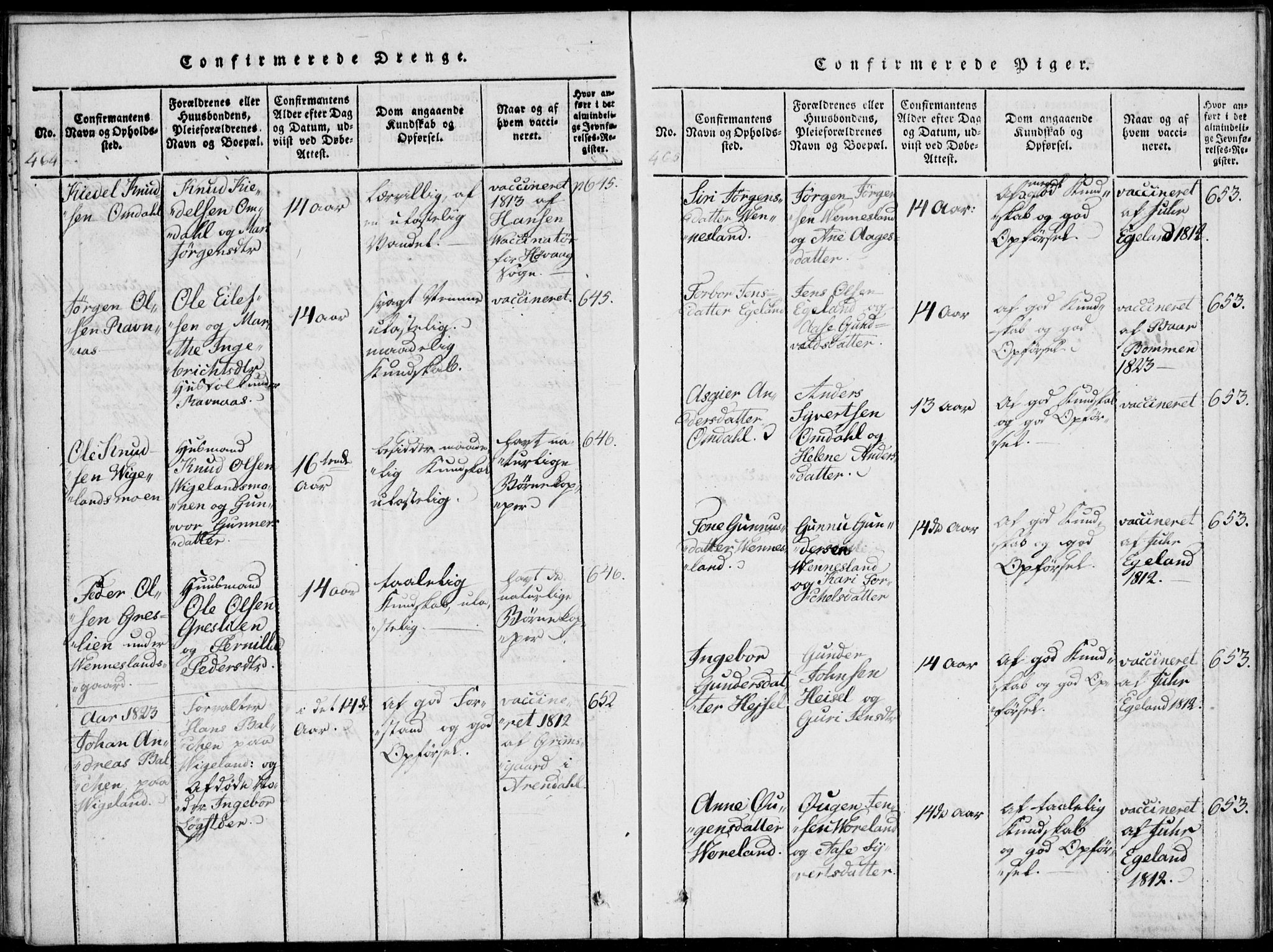 Vennesla sokneprestkontor, SAK/1111-0045/Fa/Fab/L0003: Parish register (official) no. A 3, 1820-1834, p. 464-465