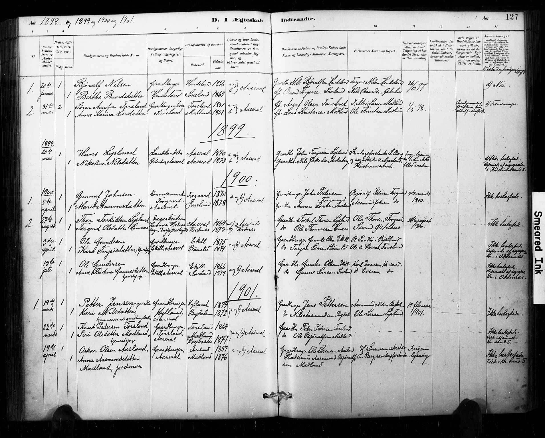 Åseral sokneprestkontor, AV/SAK-1111-0051/F/Fa/L0003: Parish register (official) no. A 3, 1884-1901, p. 127