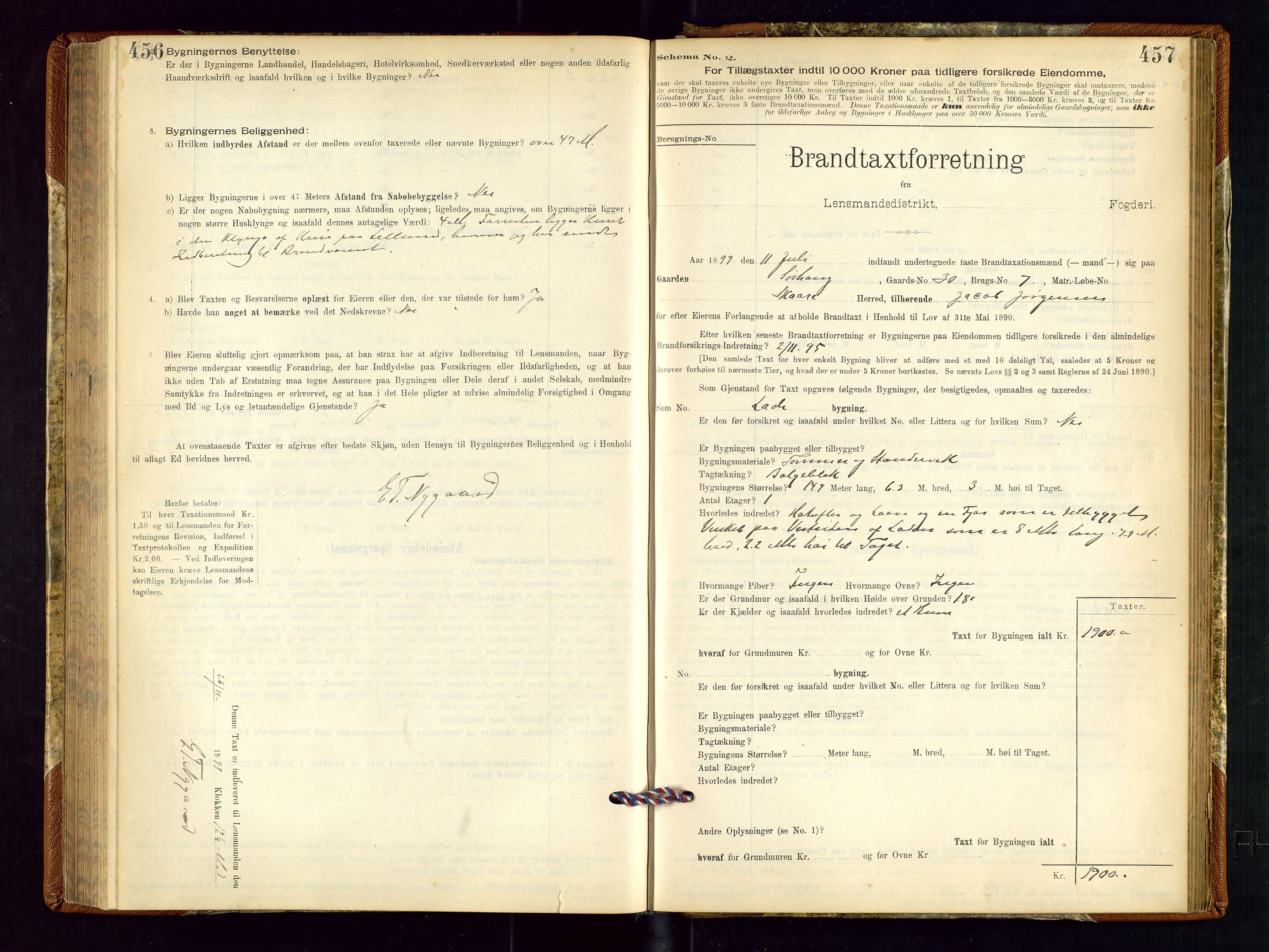 Torvestad lensmannskontor, SAST/A-100307/1/Gob/L0001: "Brandtaxationsprotokol for Torvestad Lensmannsdistrikt", 1895-1904, p. 456-457