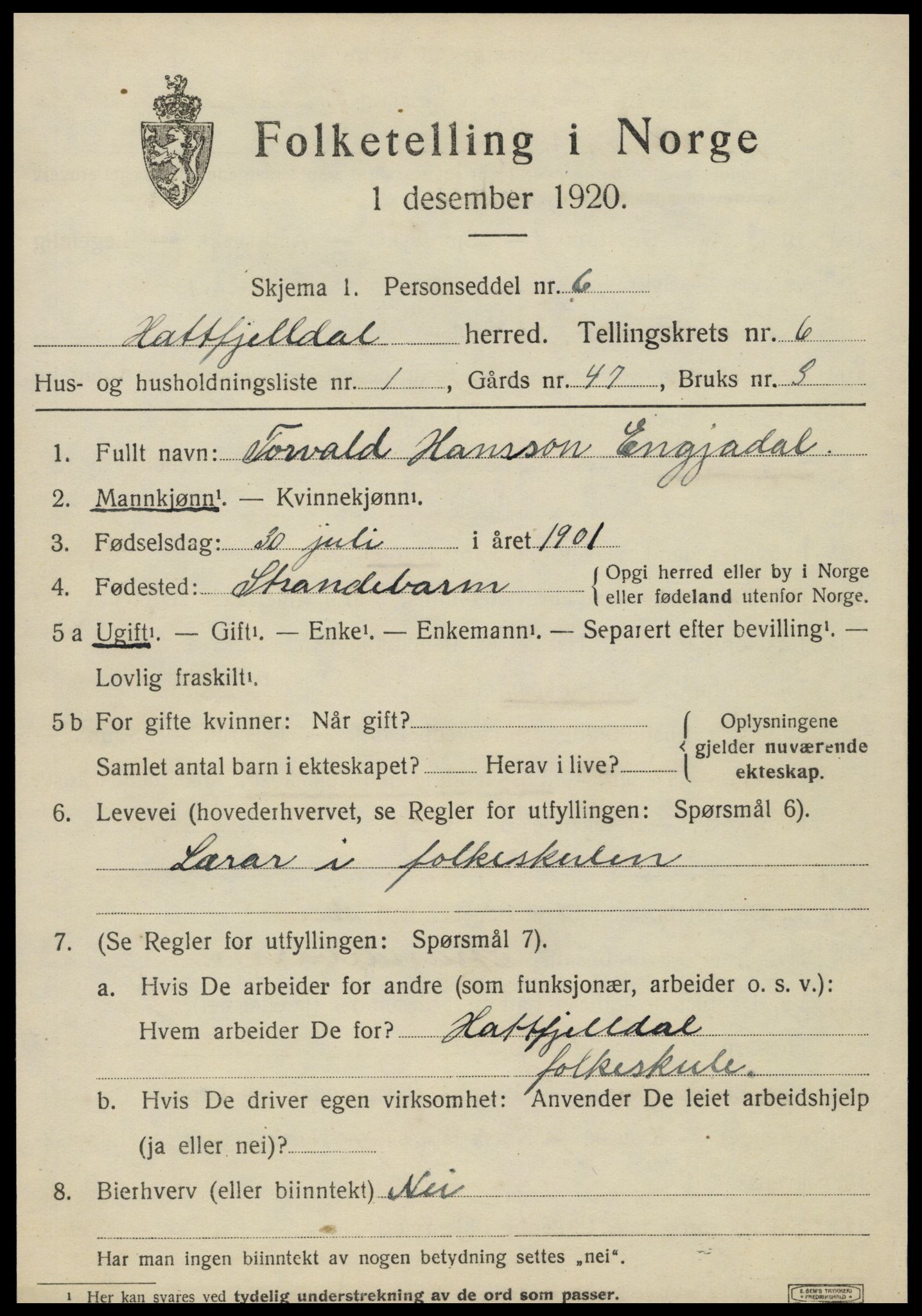 SAT, 1920 census for Hattfjelldal, 1920, p. 1270