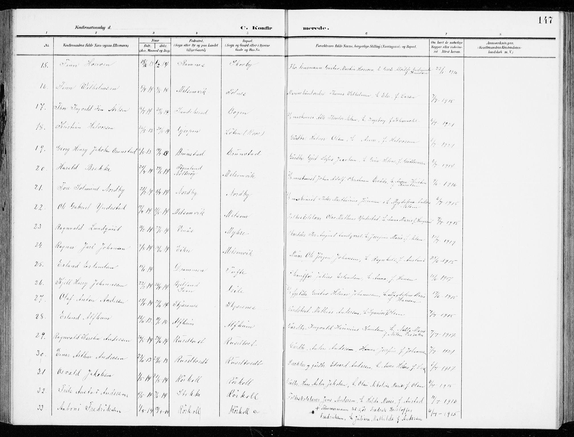 Stokke kirkebøker, AV/SAKO-A-320/G/Ga/L0001: Parish register (copy) no. I 1, 1904-1940, p. 147