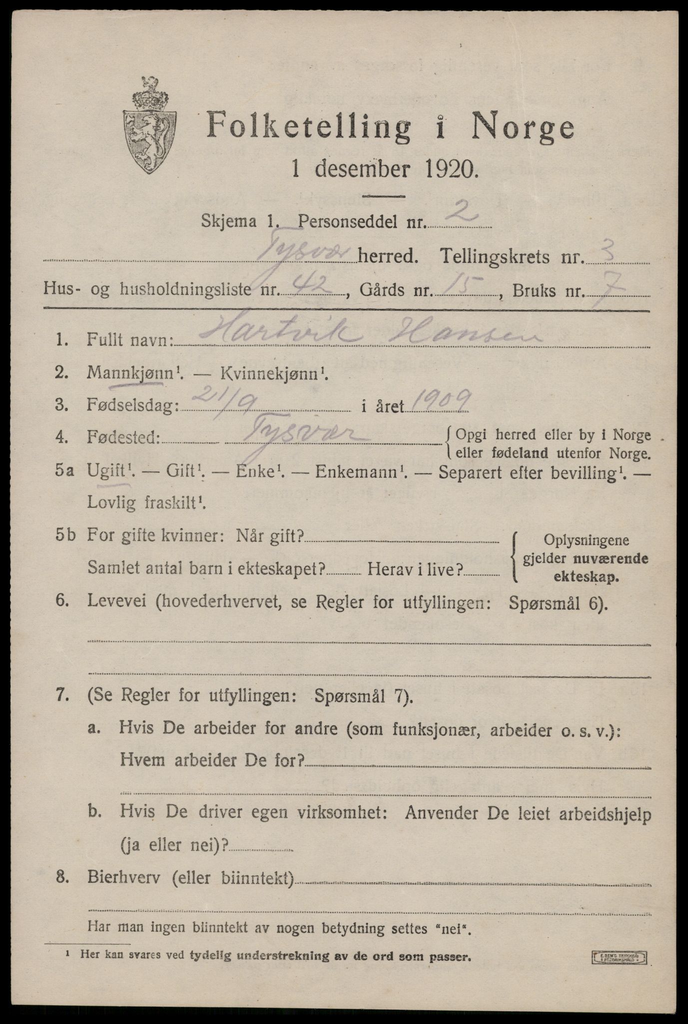 SAST, 1920 census for Tysvær, 1920, p. 1684