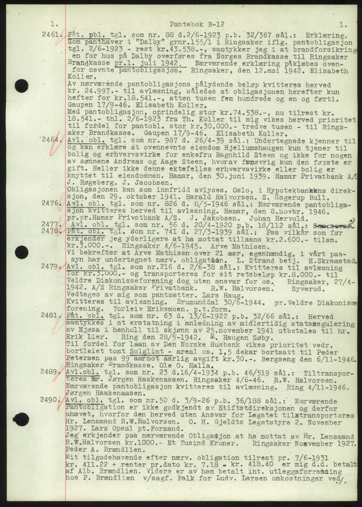 Nord-Hedmark sorenskriveri, SAH/TING-012/H/Hb/Hbf/L0012: Mortgage book no. B12, 1946-1947, Diary no: : 2461/1946