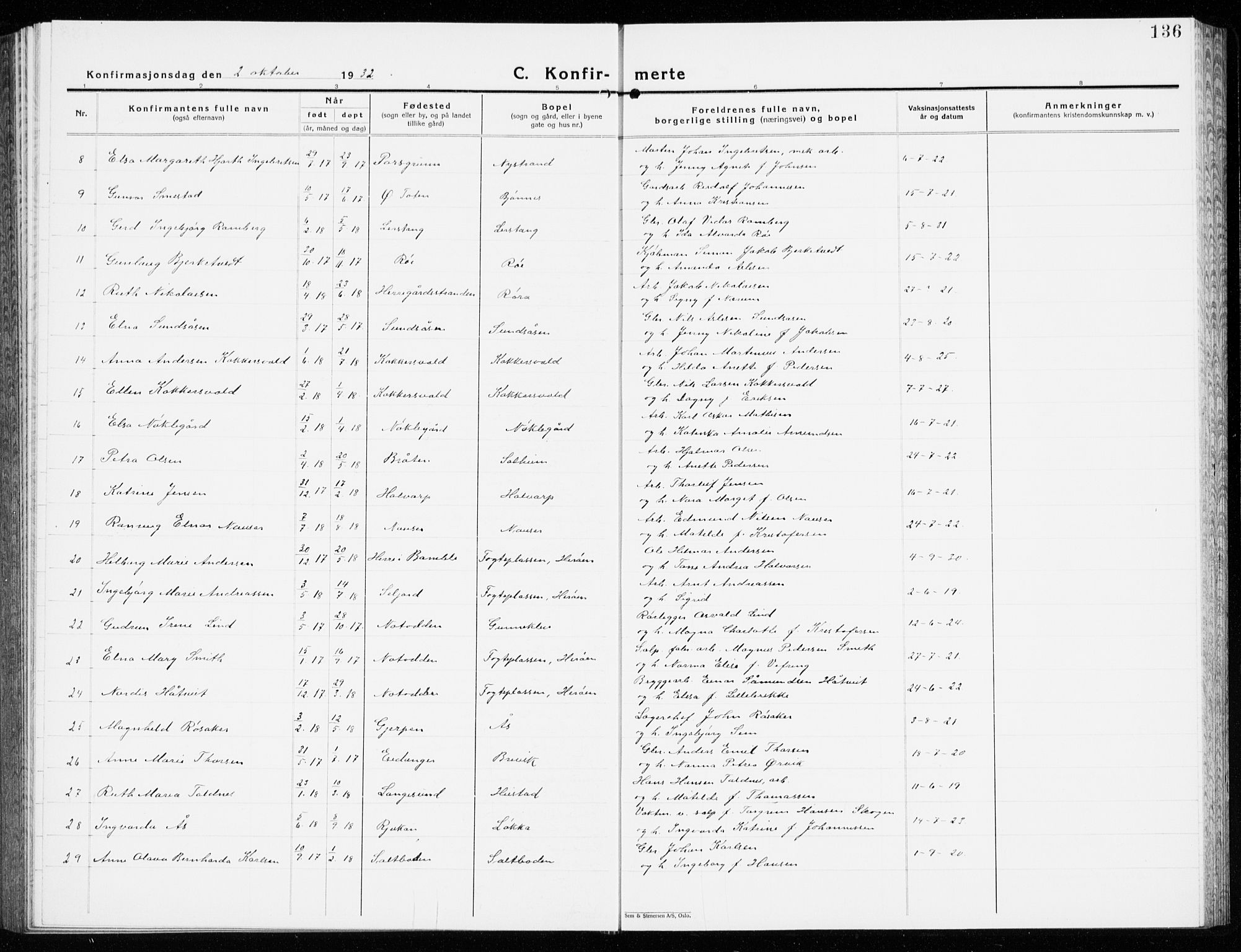 Eidanger kirkebøker, SAKO/A-261/G/Ga/L0005: Parish register (copy) no. 5, 1928-1942, p. 136