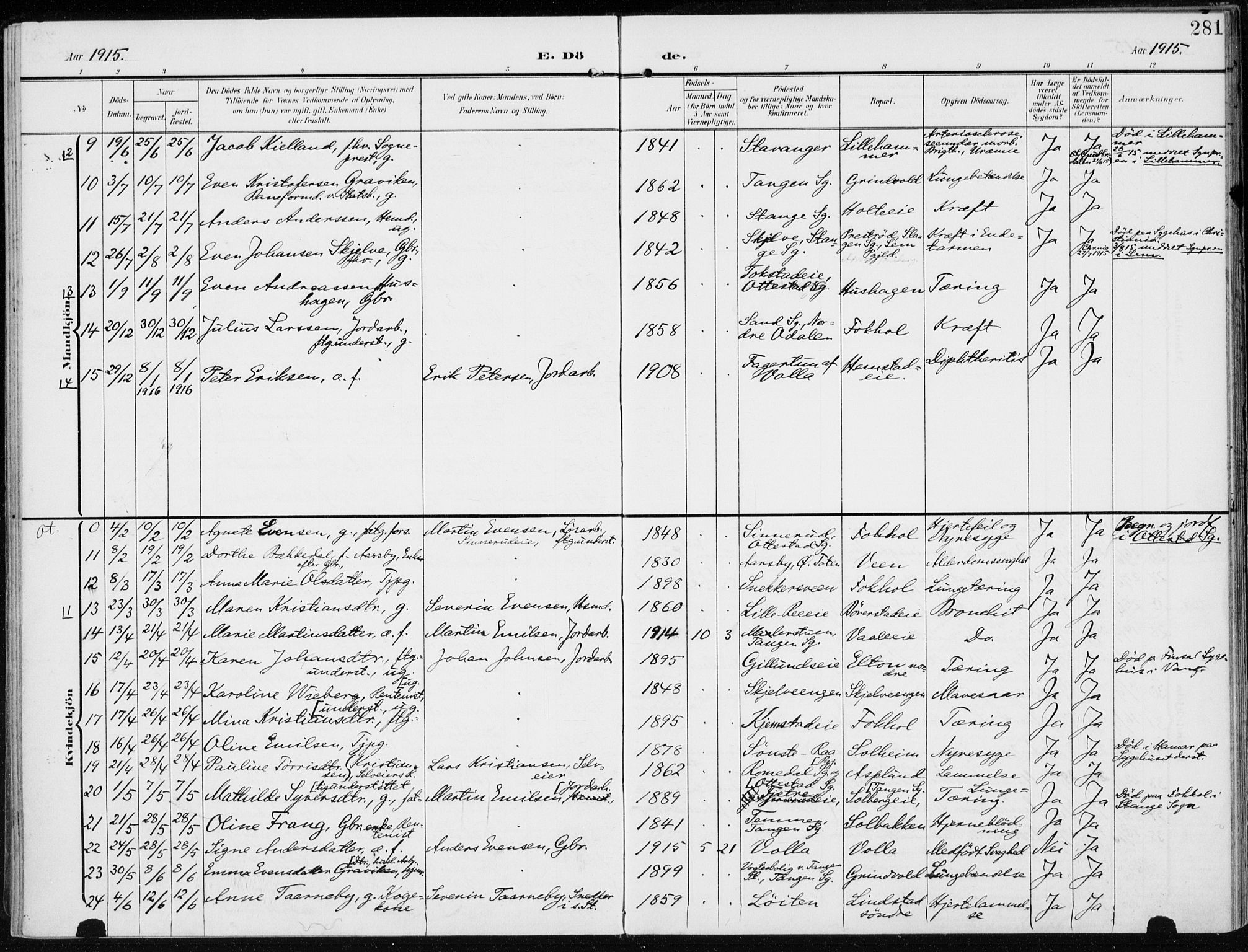 Stange prestekontor, AV/SAH-PREST-002/K/L0024: Parish register (official) no. 24, 1906-1922, p. 281