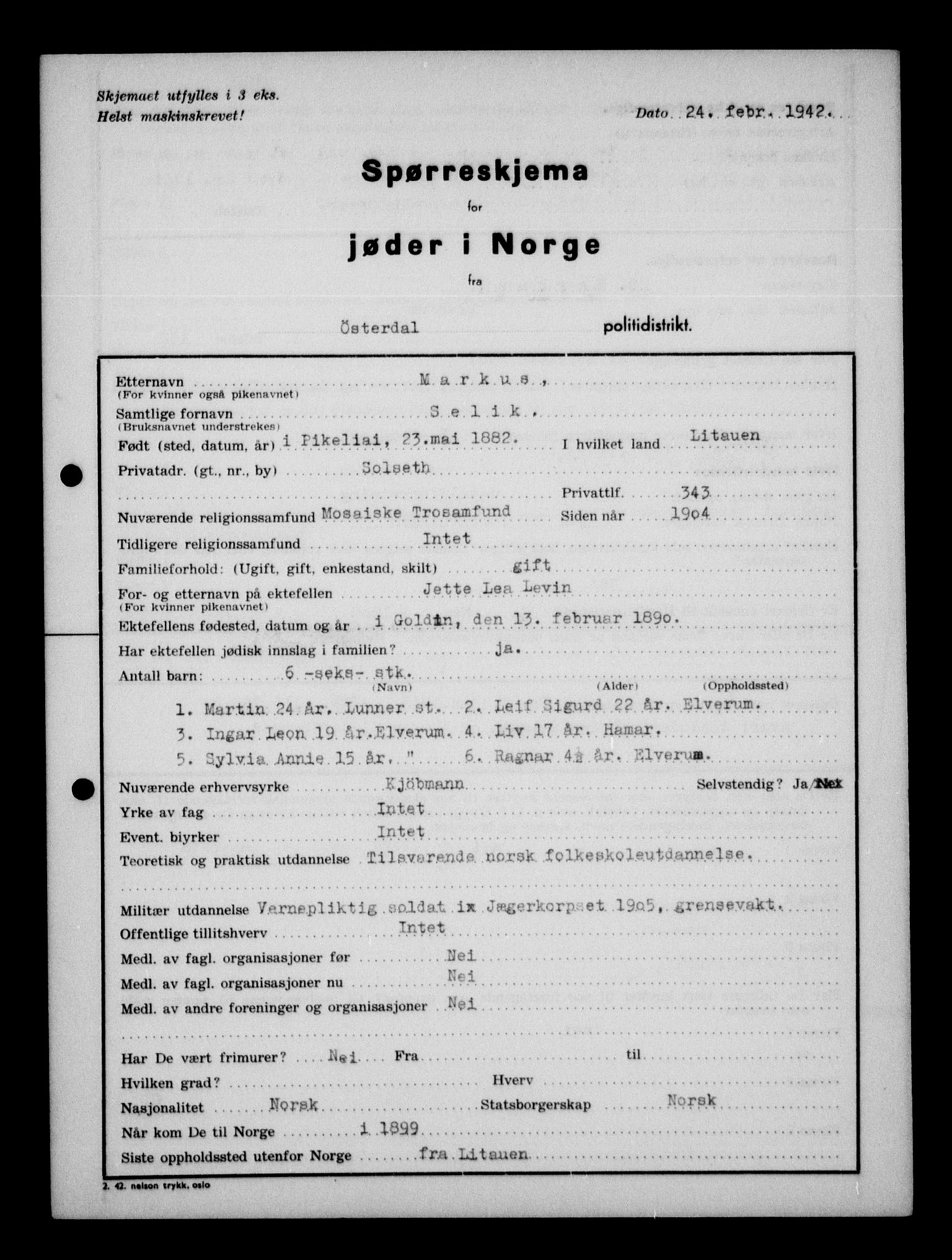 Statspolitiet - Hovedkontoret / Osloavdelingen, AV/RA-S-1329/G/Ga/L0013: Spørreskjema for jøder i Norge. 1: Sandefjord-Trondheim. 2: Tønsberg- Ålesund.  3: Skriv vedr. jøder A-H.  , 1942-1943, p. 751