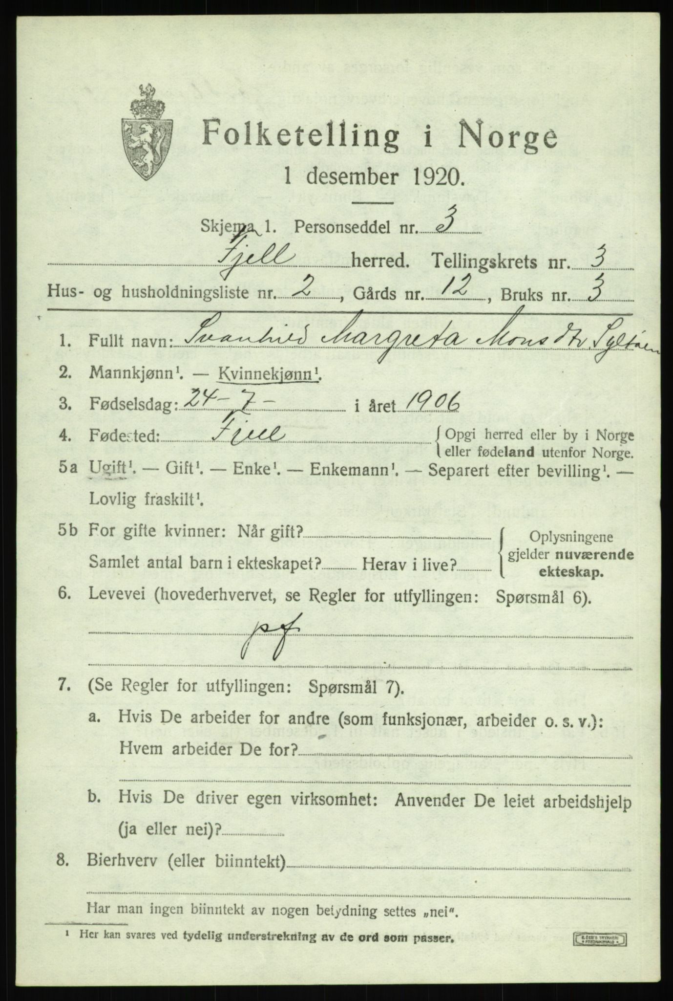 SAB, 1920 census for Fjell, 1920, p. 2974