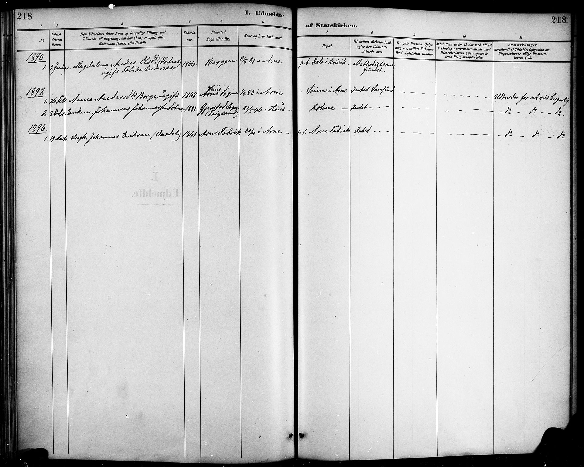 Haus sokneprestembete, SAB/A-75601/H/Haa/Haad/L0001: Parish register (official) no. D 1, 1887-1898, p. 218