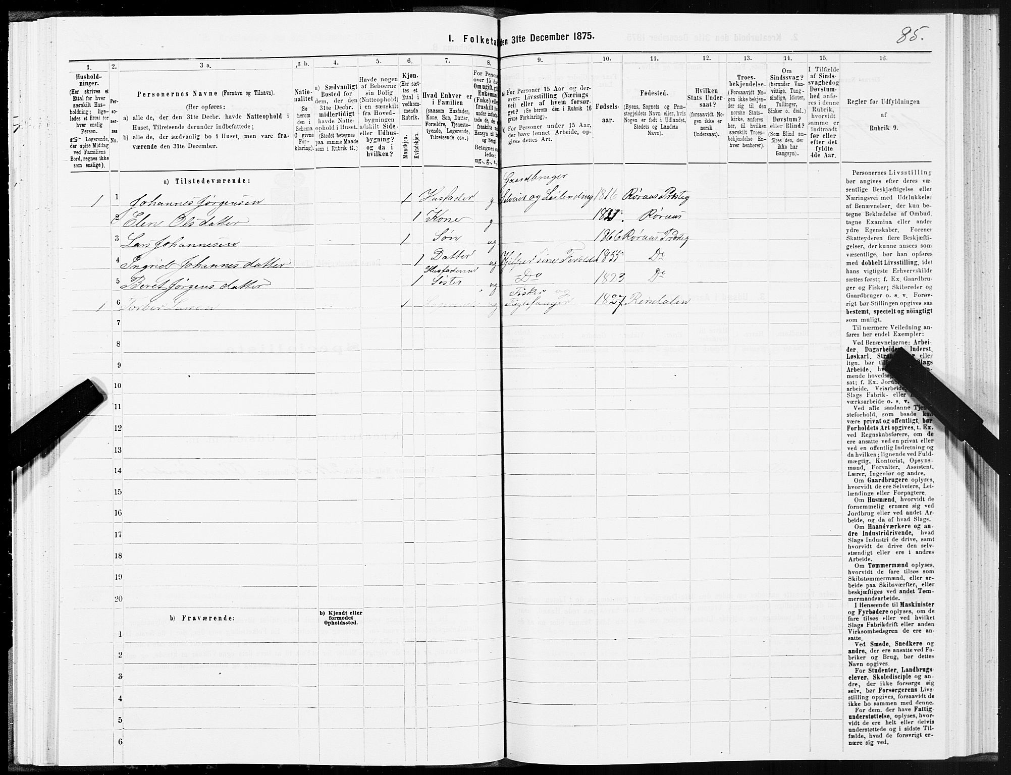 SAT, 1875 census for 1640P Røros, 1875, p. 5085